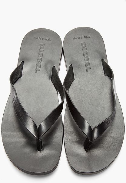 Diesel Black Leather Steven Flip Flops in Black for Men | Lyst