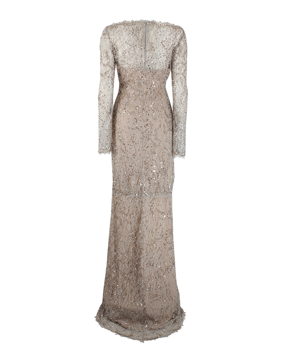 Marchesa Long Sleeve Beaded Lace Gown in Gray - Lyst