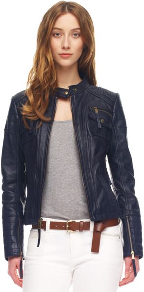 Michael Kors Leather Motorcycle Jacket in Blue (navy) | Lyst