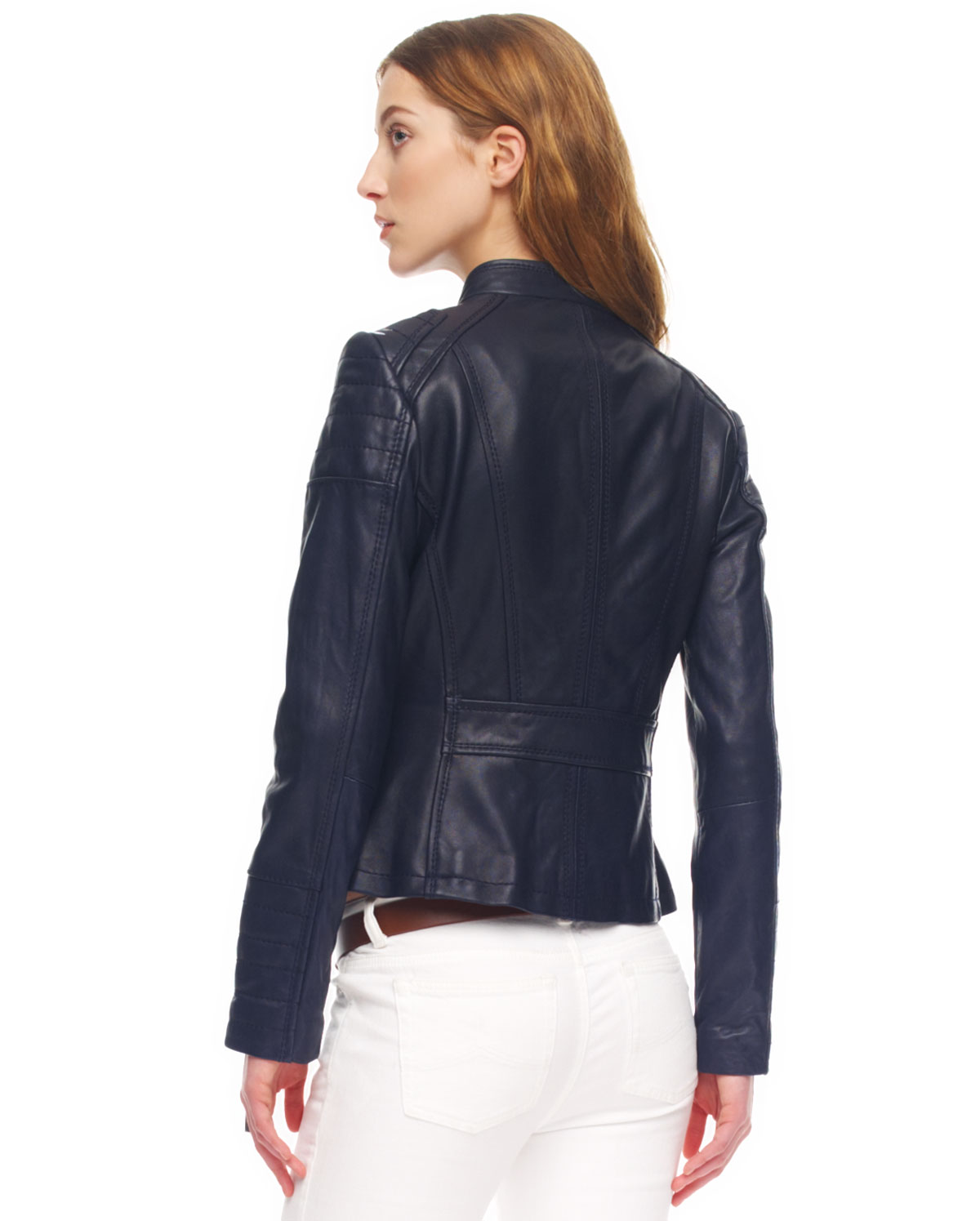 Lyst Michael Kors Leather Motorcycle Jacket In Blue Gallery