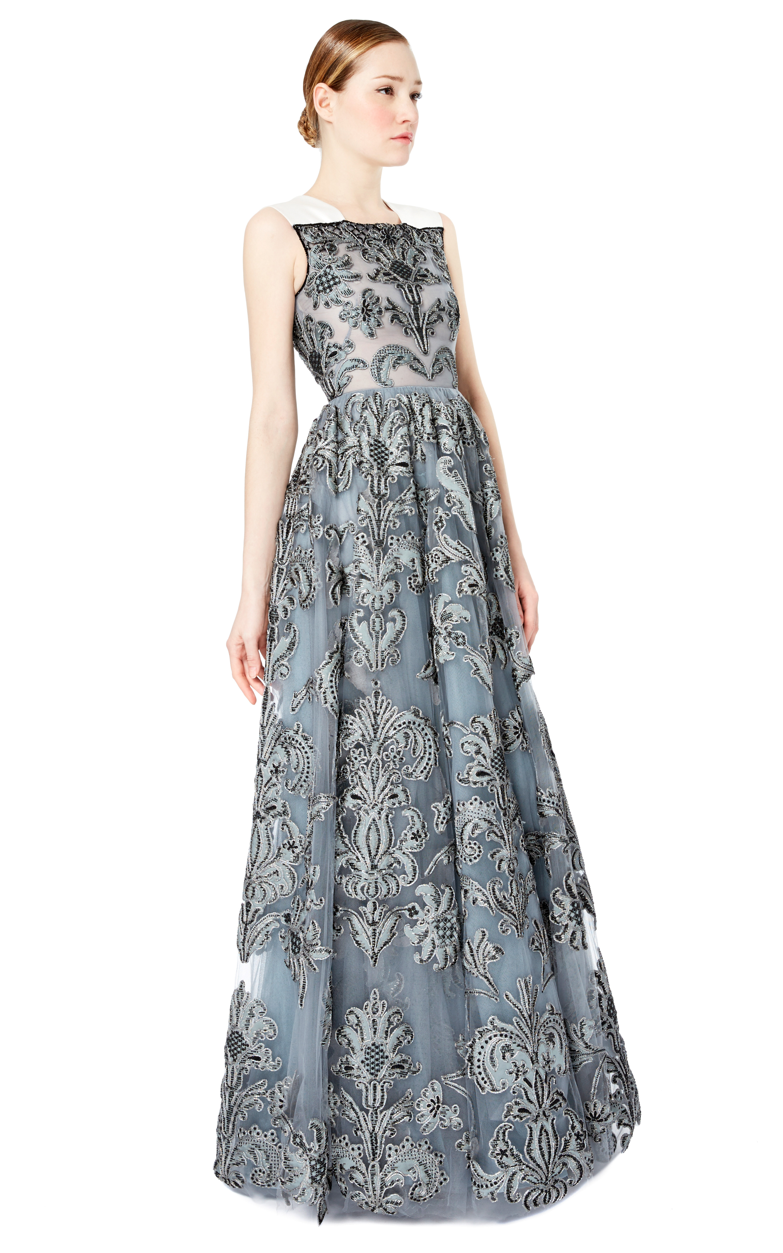 Valentino Brocade Gown with Mikado Shoulder Detail in Gray (stone) | Lyst