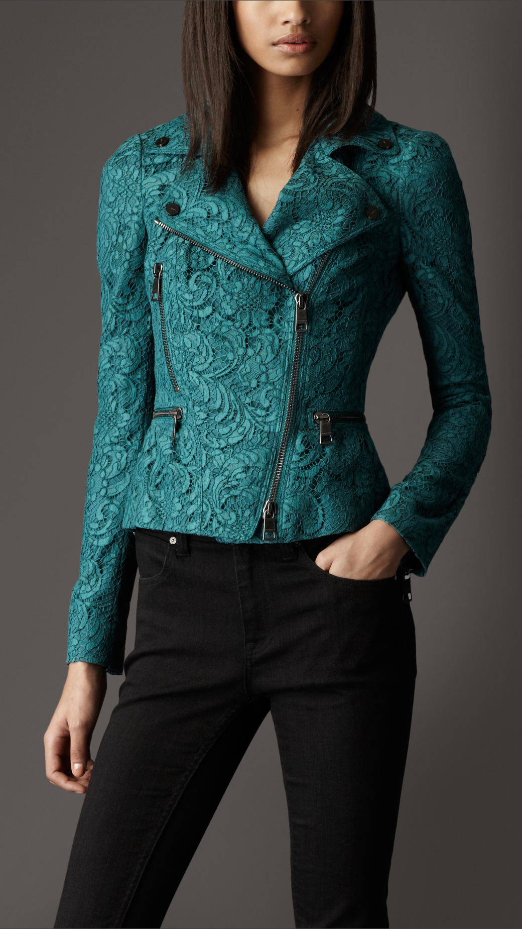 Burberry Cropped Lace Biker Jacket in Green (bright indigo green) | Lyst