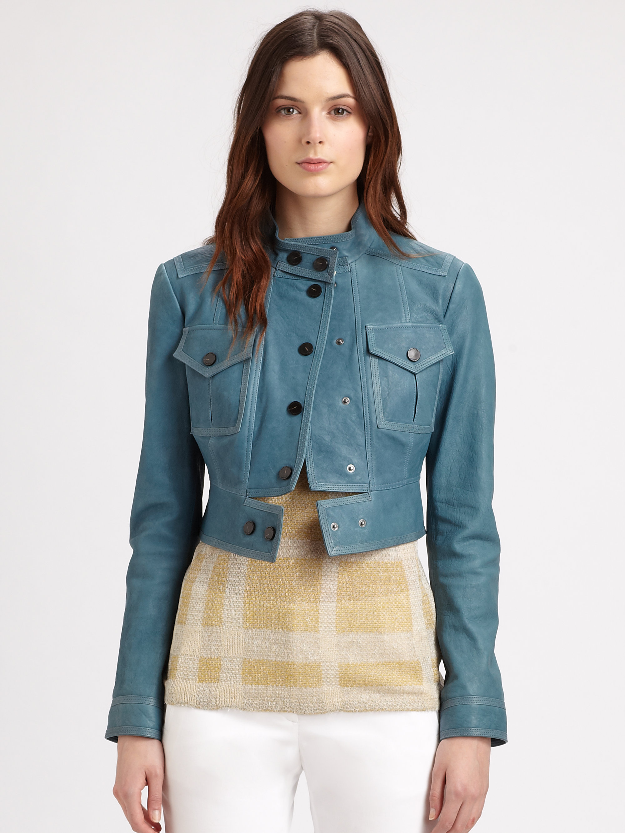 Burberry Cropped Leather Jacket In Blue Lyst Gallery
