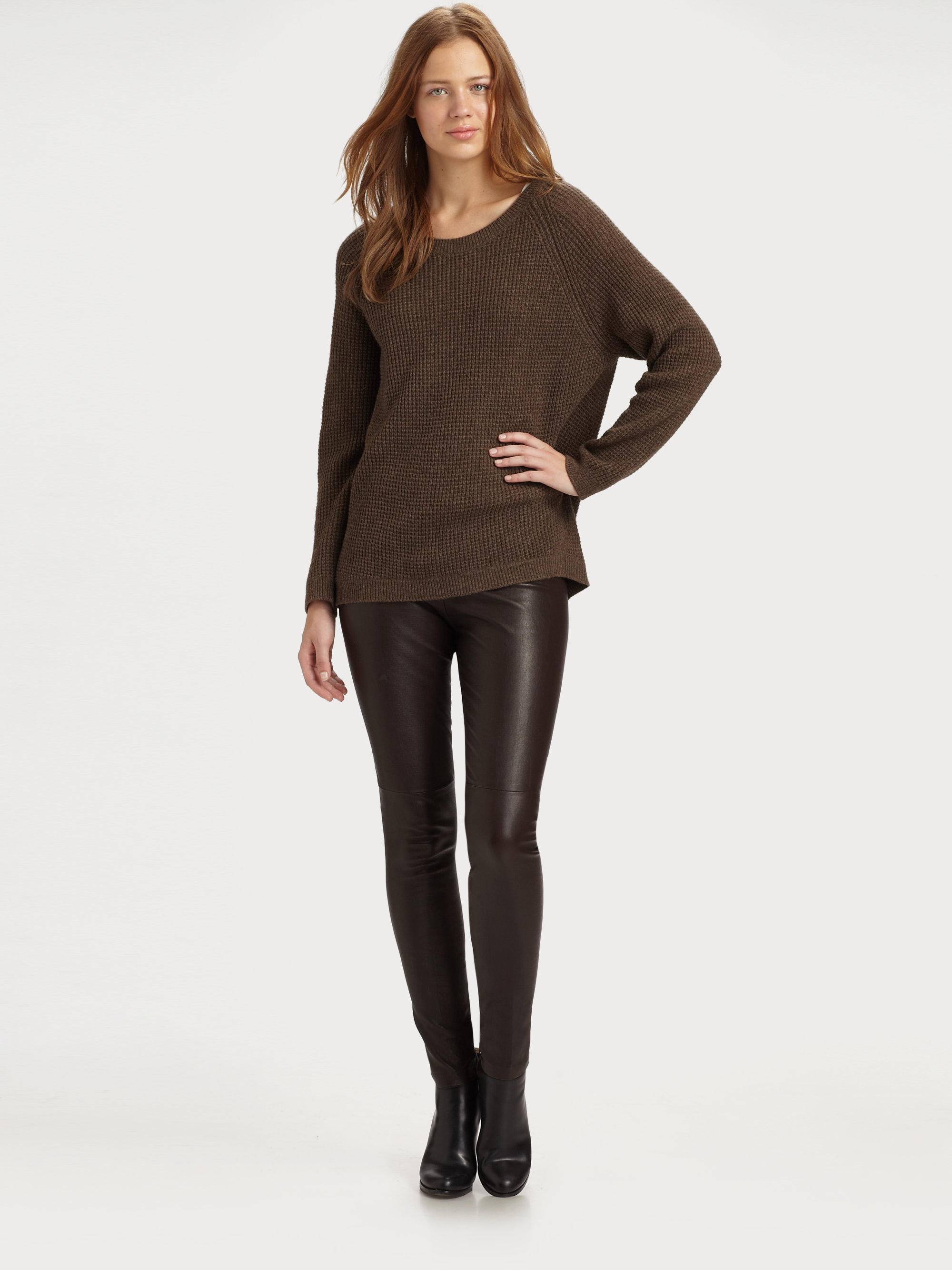 Vince Cropped Lamb Leather Leggings in Brown | Lyst