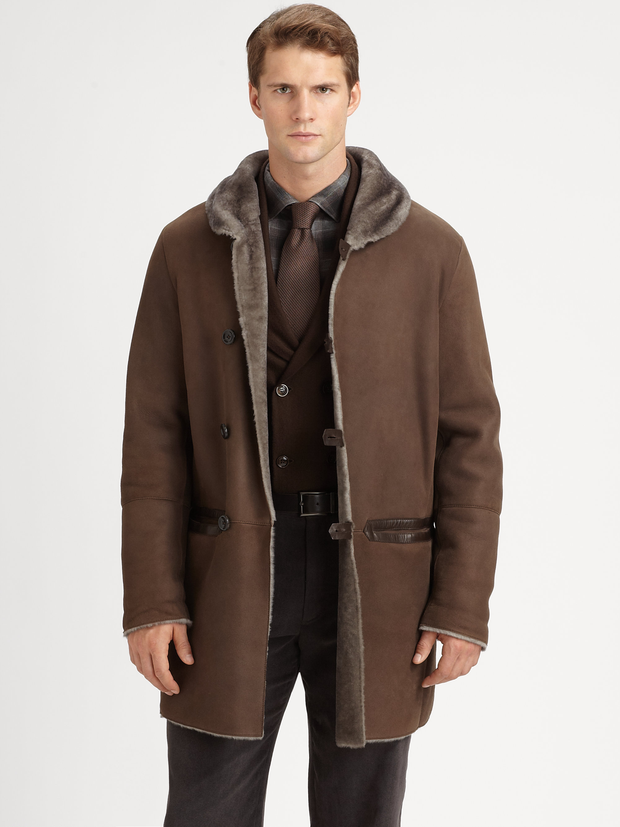 Lyst - Armani Long Shearling Coat in Brown for Men
