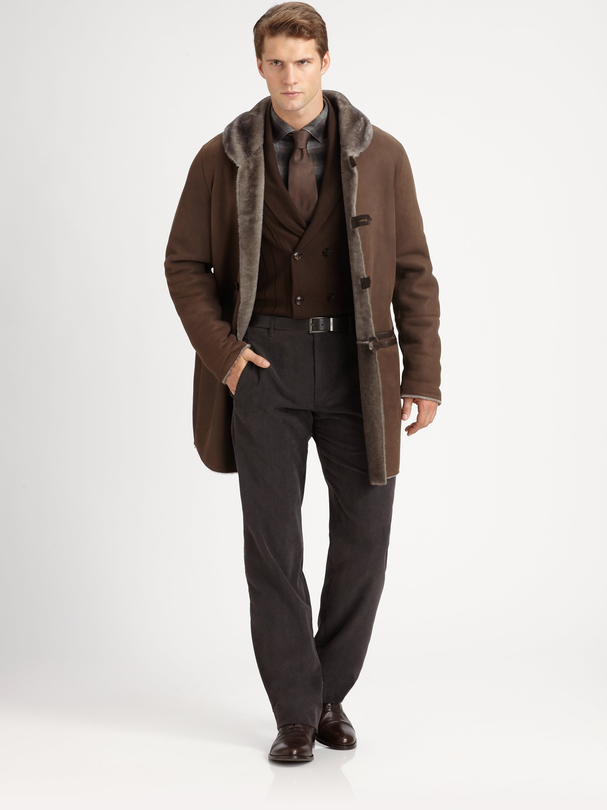 Armani Long Shearling Coat in Brown for Men | Lyst