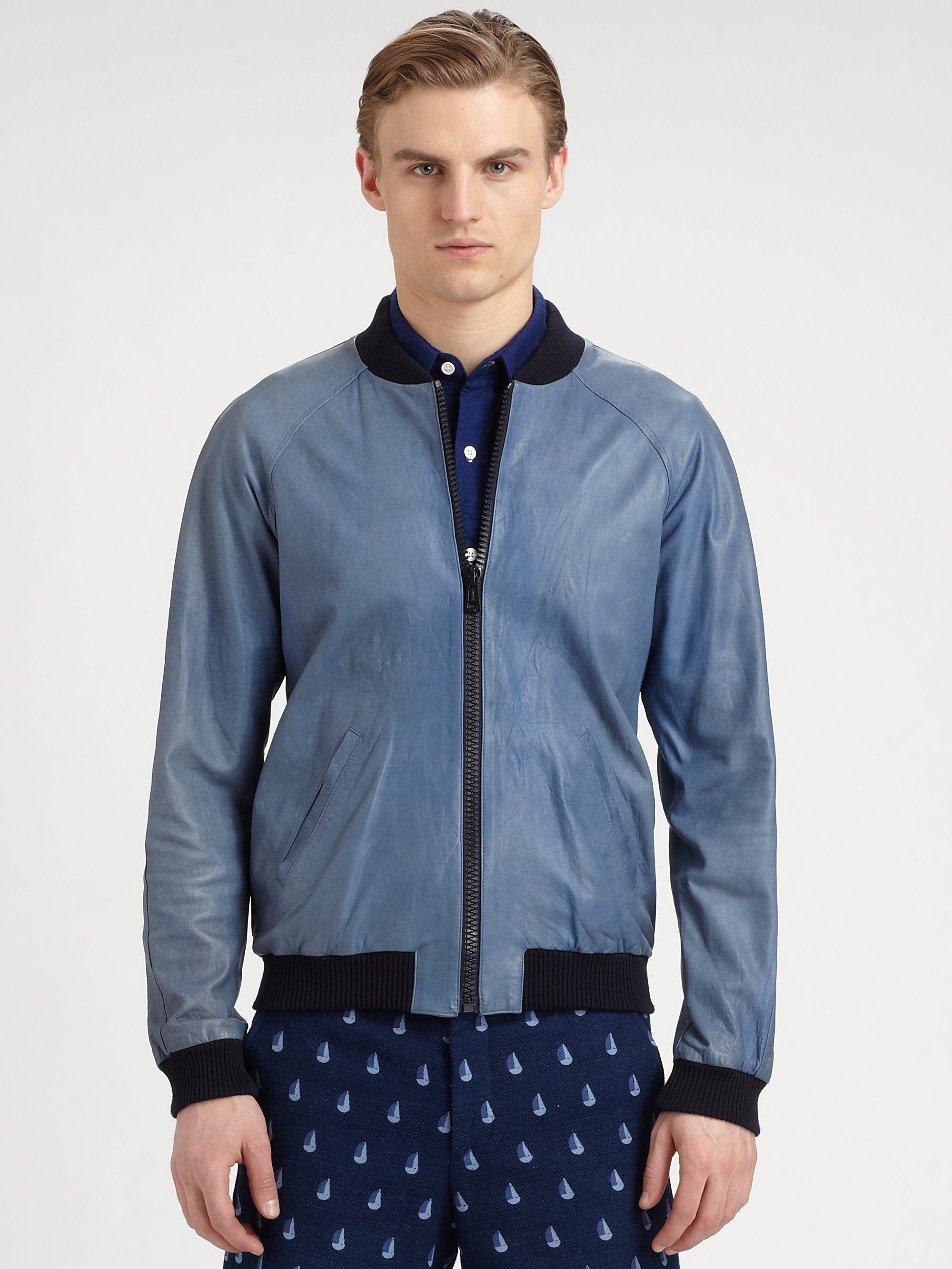 Band Of Outsiders Leather Bomber Jacket in Blue for Men (indigo blue ...