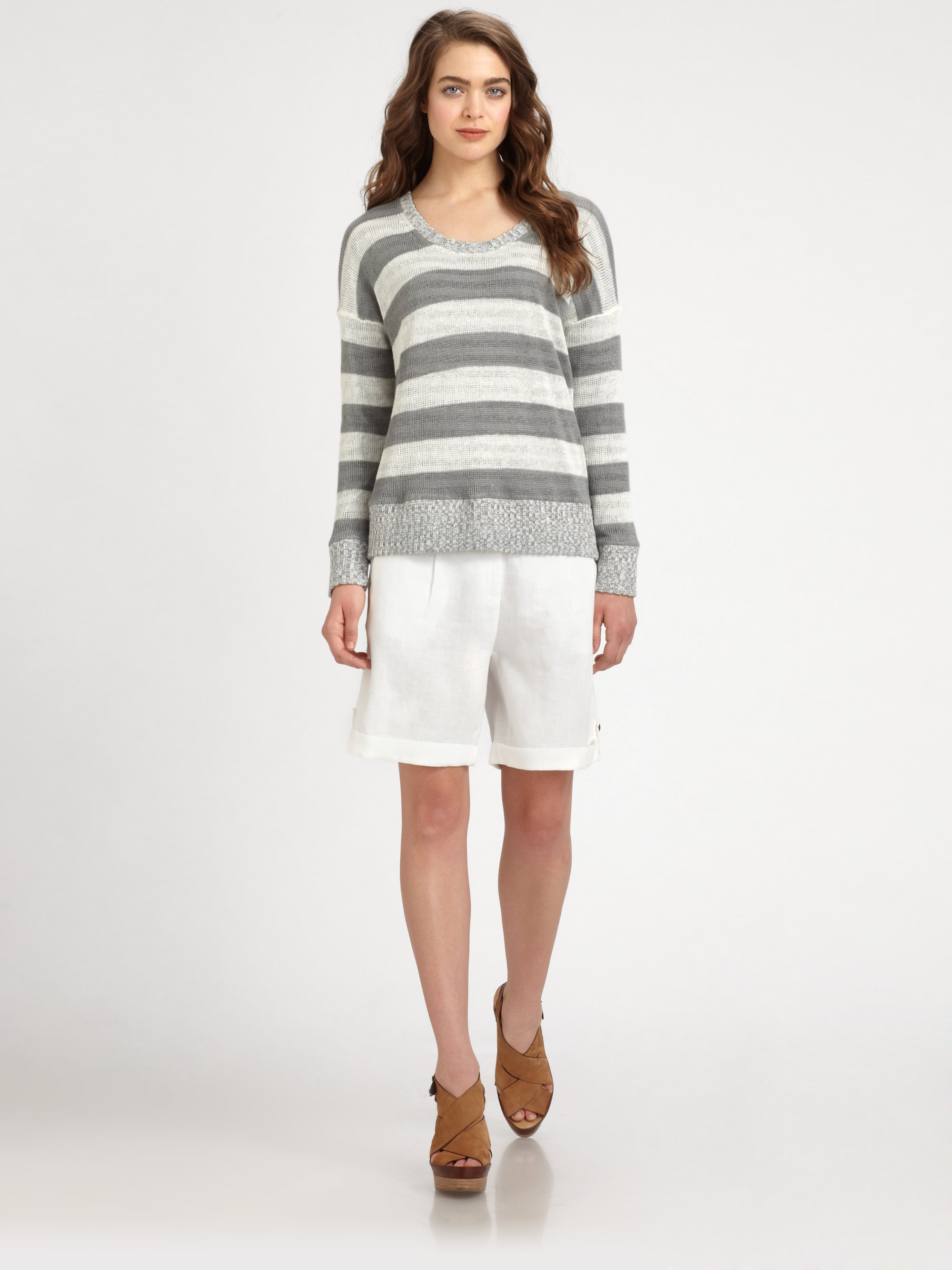 Lyst Eileen Fisher Linen Striped Jersey and Knit Combo Top in Gray