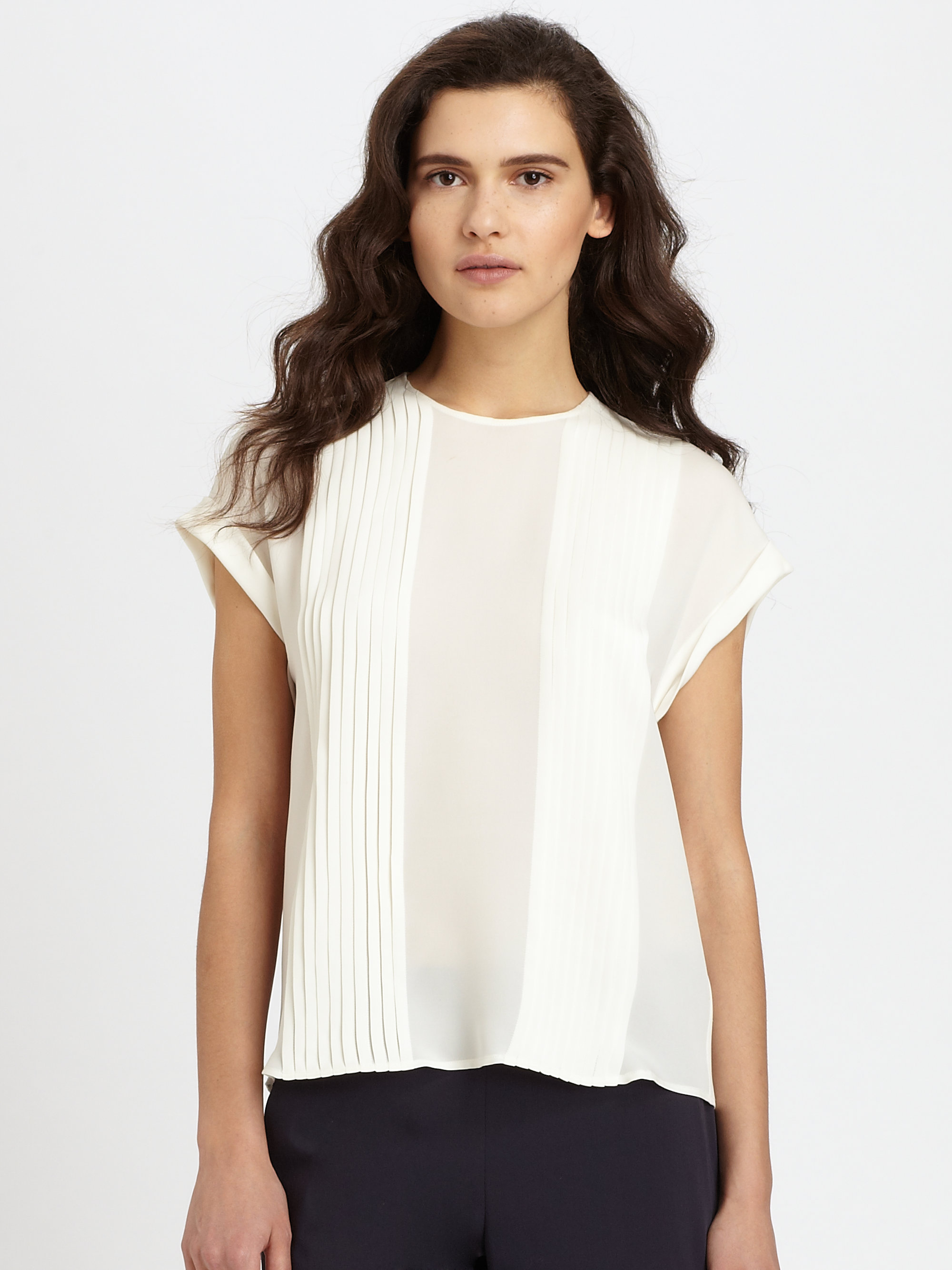Theory Sellida Pleated Silk Blouse in White | Lyst