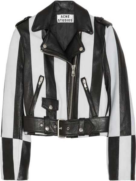 Acne Studios Mape Striped Leather Biker Jacket in White (black) | Lyst