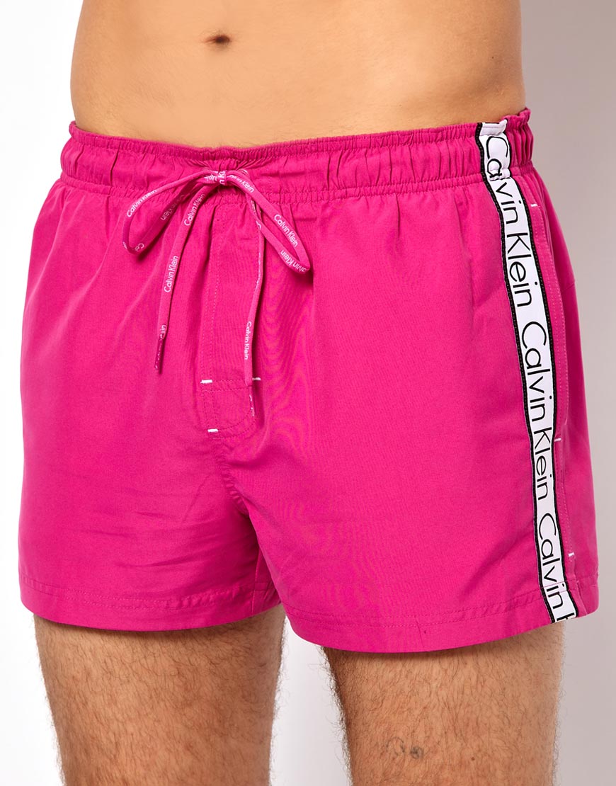 Lyst - Calvin Klein Logo Tape Swim Shorts in Pink for Men