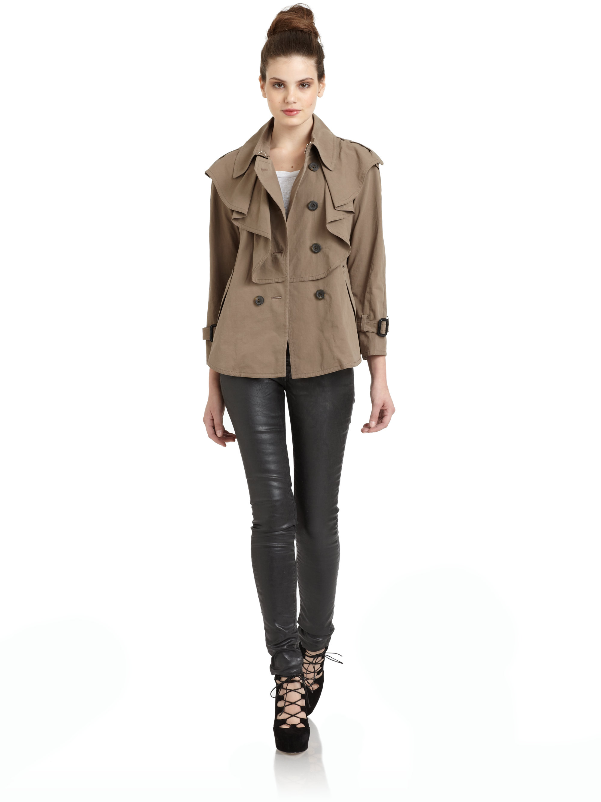 Lyst Hanii Y Ruffled Mini Trench Coat in Brown