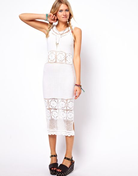 Asos Asos Crochet Village Midi Dress with V Back and Neck in White | Lyst