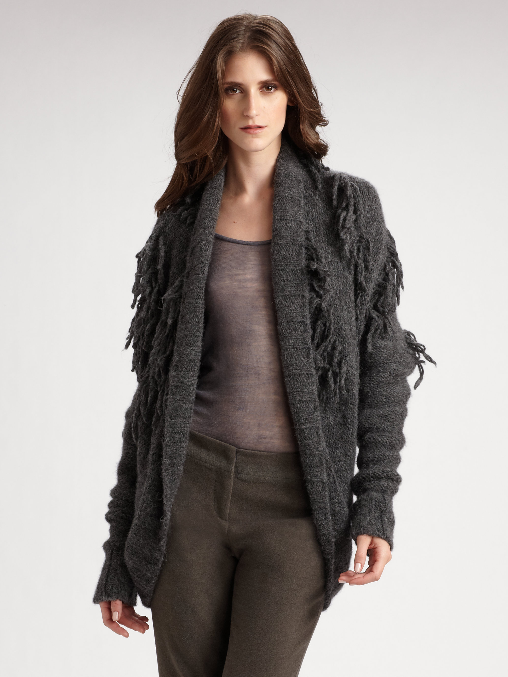 Costume National Wool Fringe Cocoon Cardigan in Gray (grey) | Lyst
