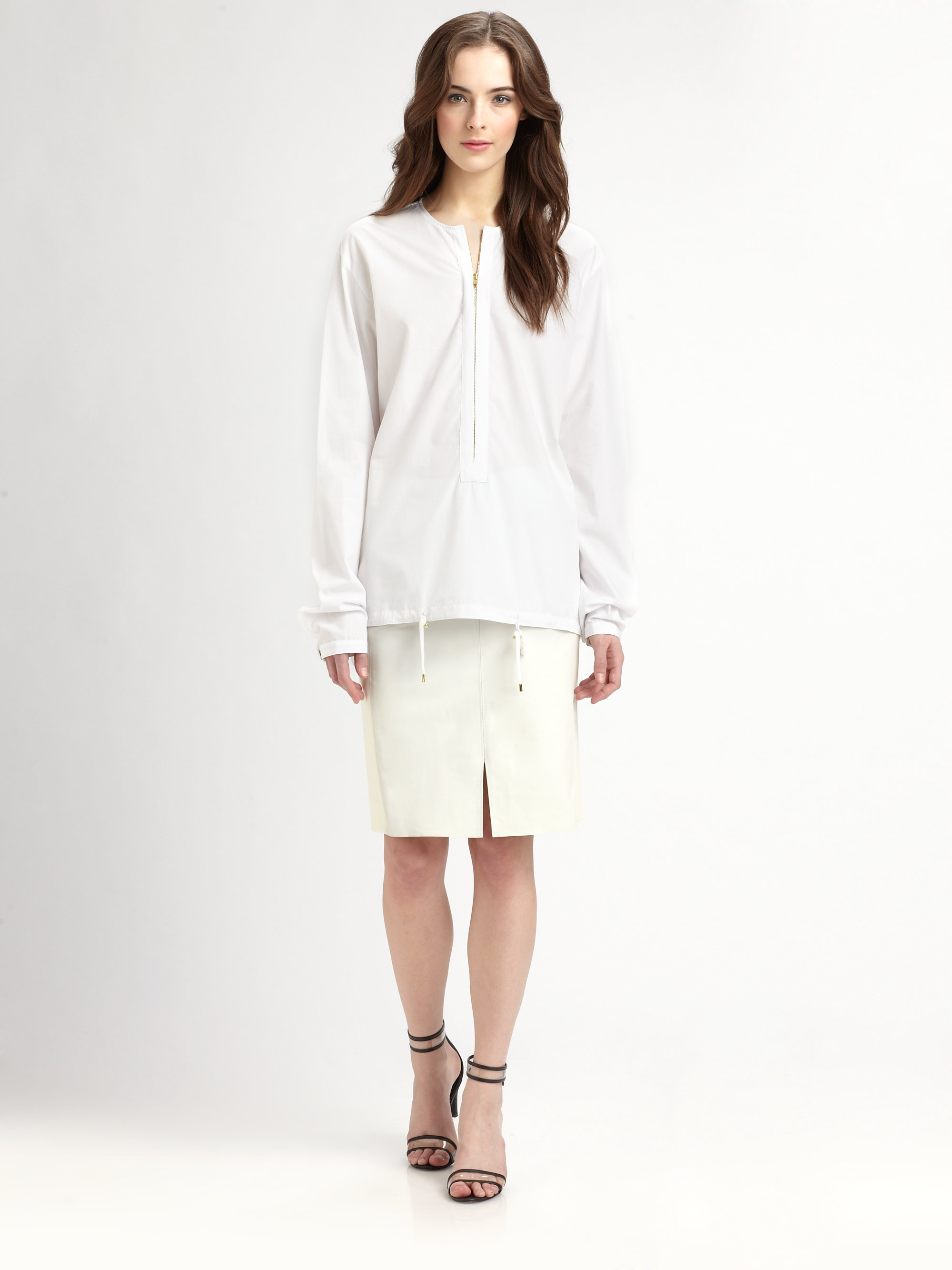 Lyst Halston Leather/Cotton FrontSlit Skirt in Natural