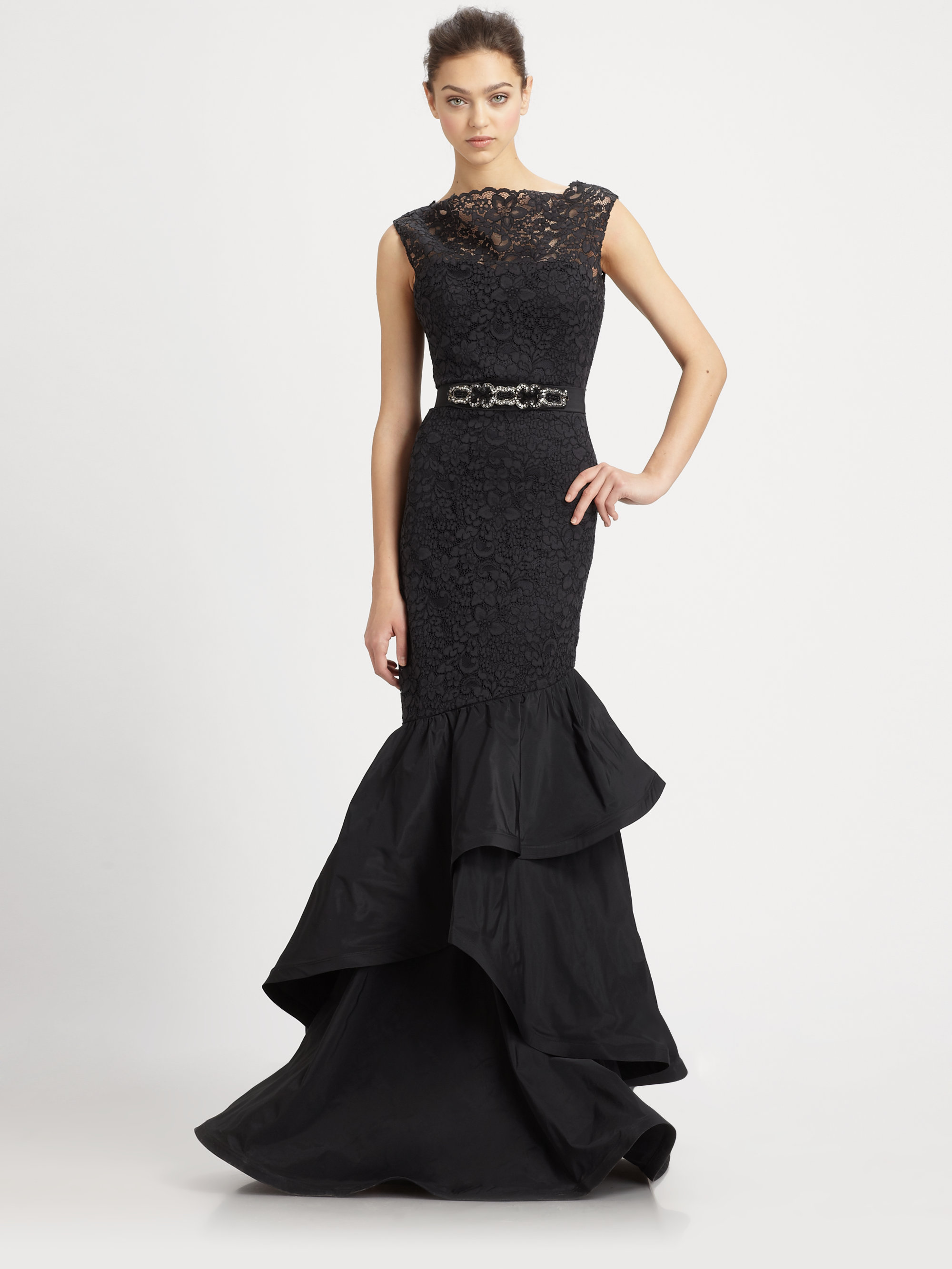 teri jon lace pintuck gown