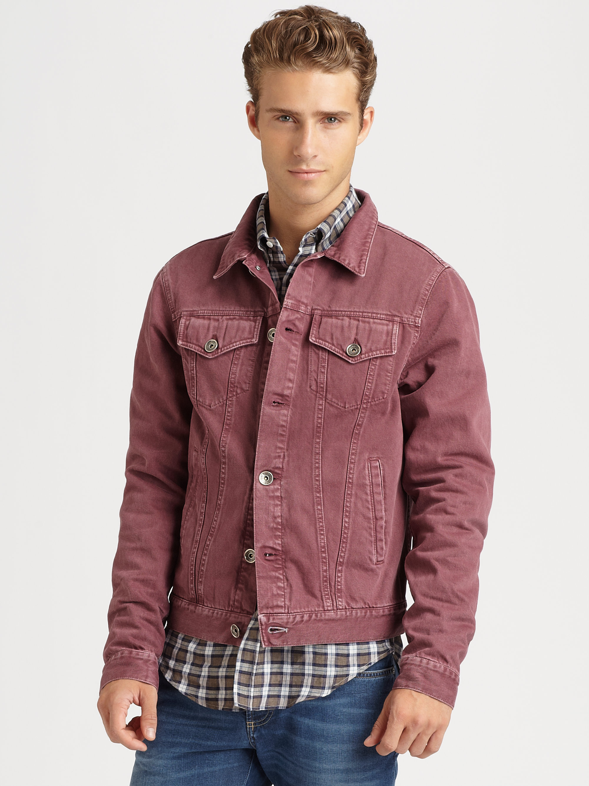 Brunello cucinelli Color Washed Denim Jacket in Red for Men | Lyst