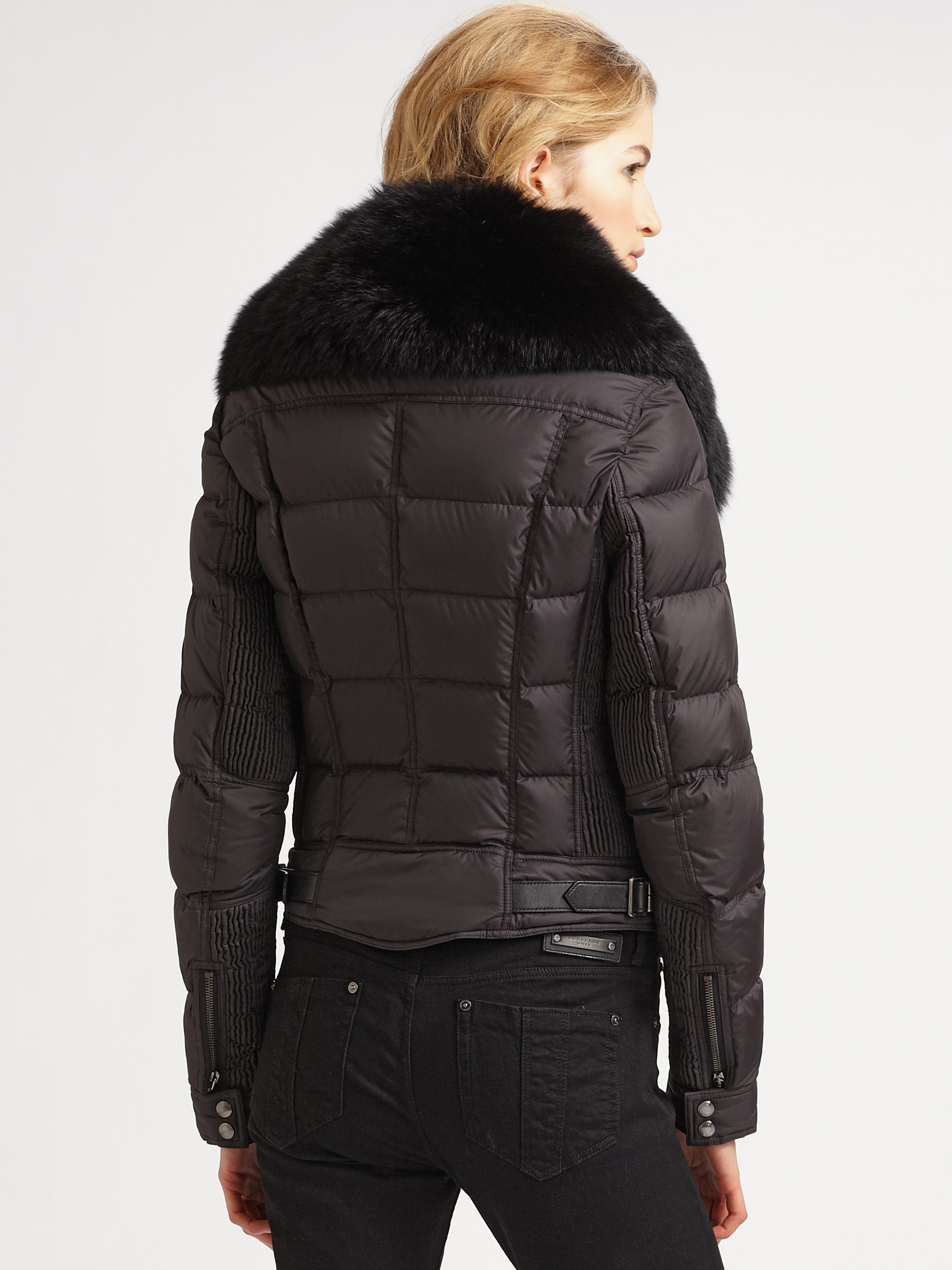 Burberry Brit Fur Trimmed Asymmetrical Zip Puffer Jacket In Black Lyst