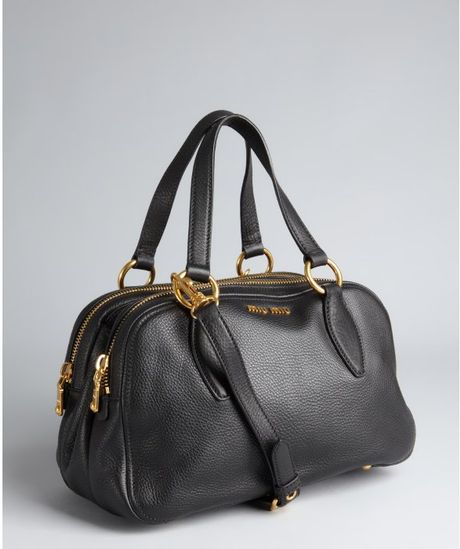 Miu Miu Black Pebbled Leather Dual Zip Compartment Tote Bag in Black | Lyst