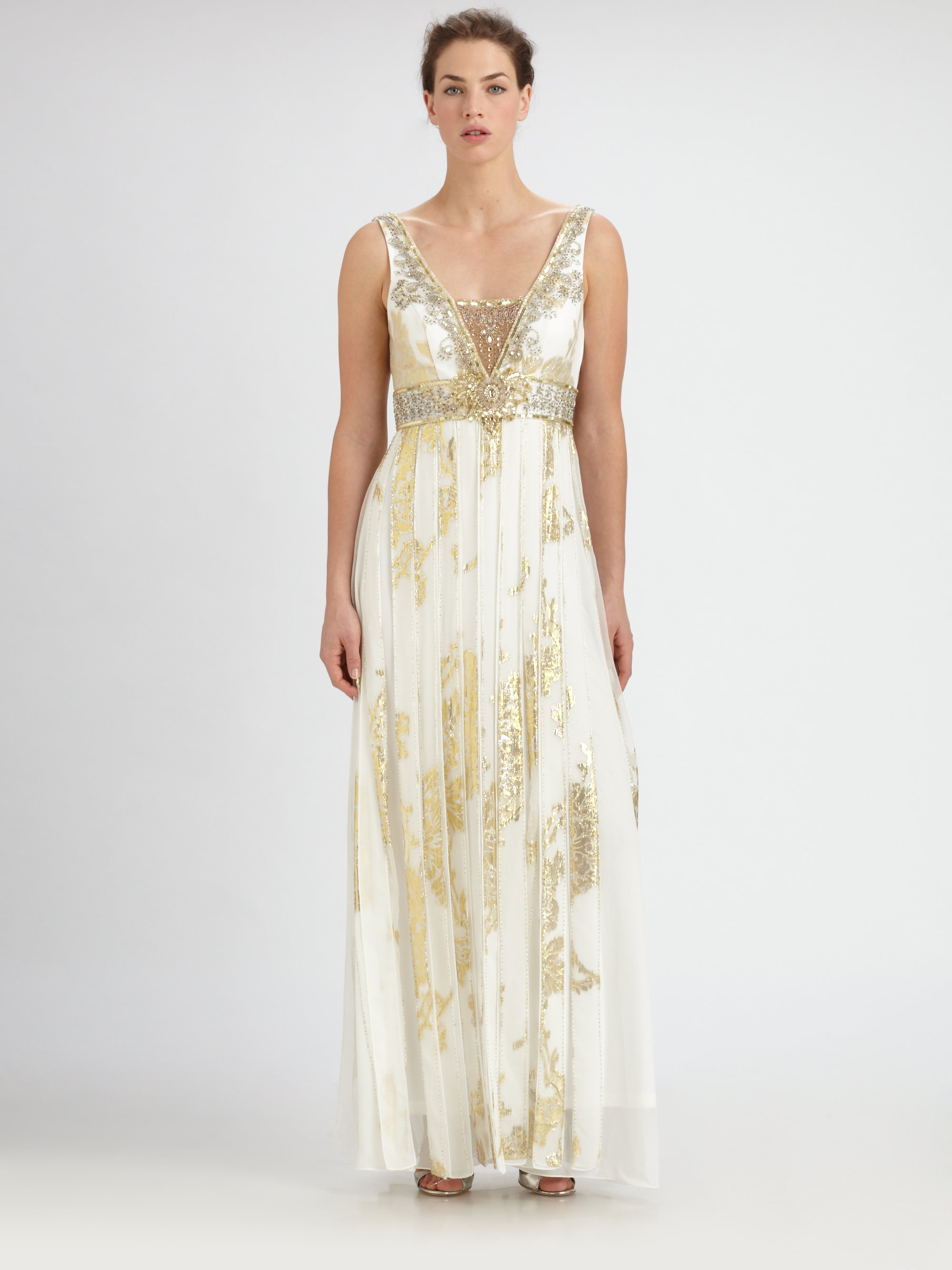Lyst Sue Wong Beaded Silk Jacquard Gown In Metallic Gallery
