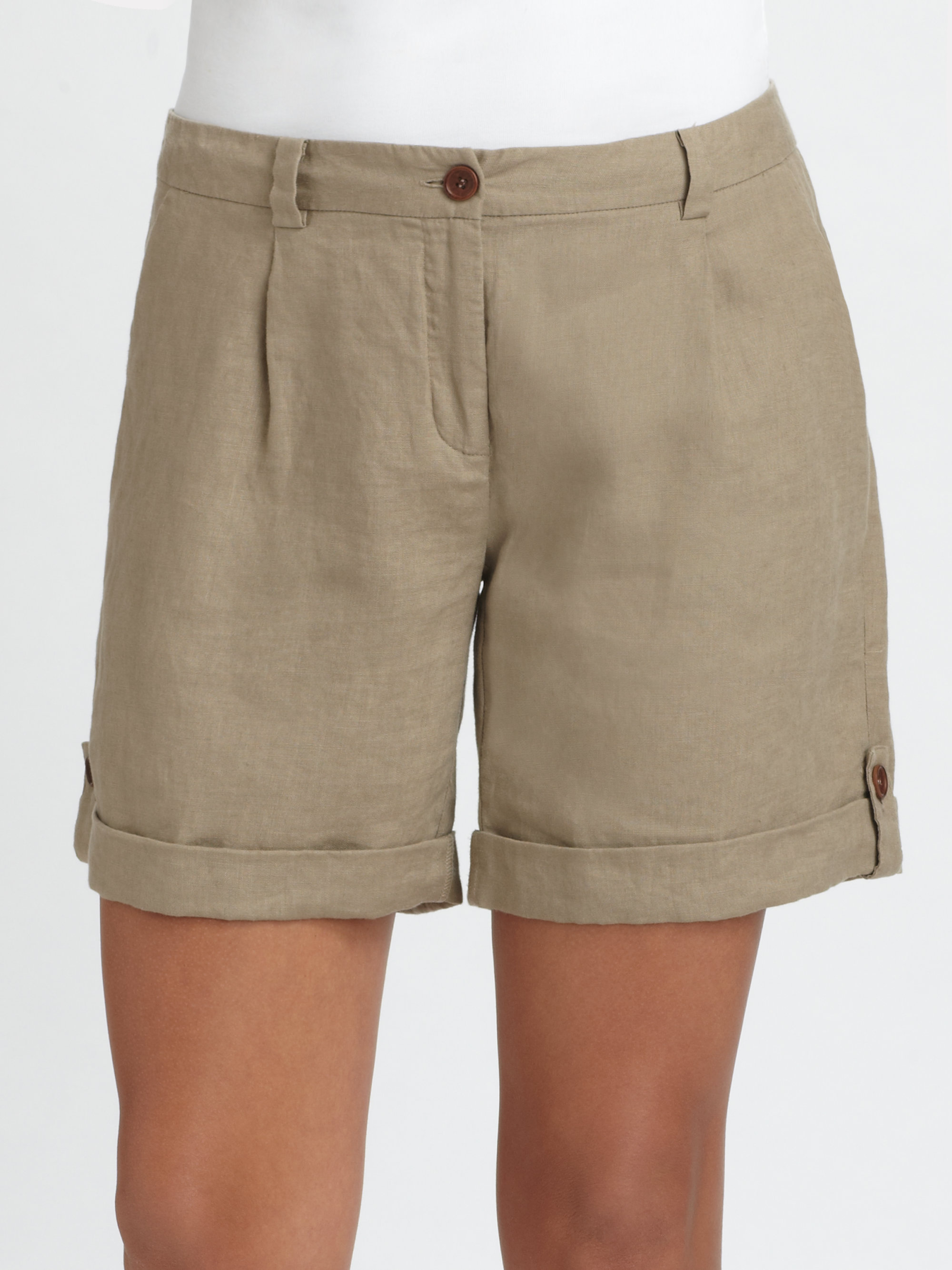 Eileen Fisher Organic Linen Cuffed City Shorts in Khaki (brown) | Lyst