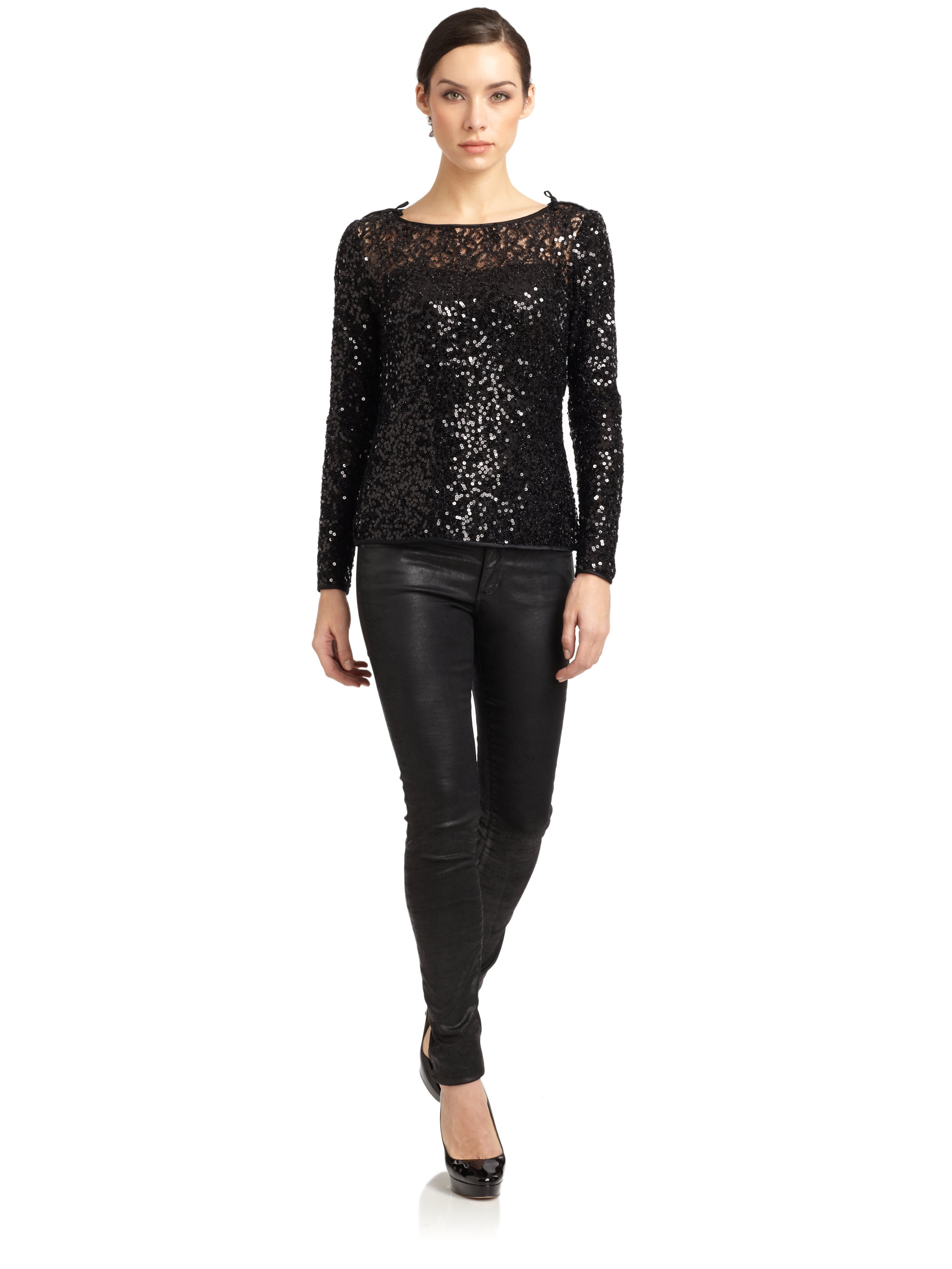 Lyst - Notte By Marchesa Sequin Long Sleeve Top in Black