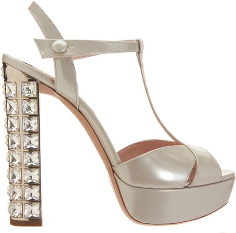 Miu Miu Tstrap Jeweled Heel Sandal in Gold (silver) | Lyst