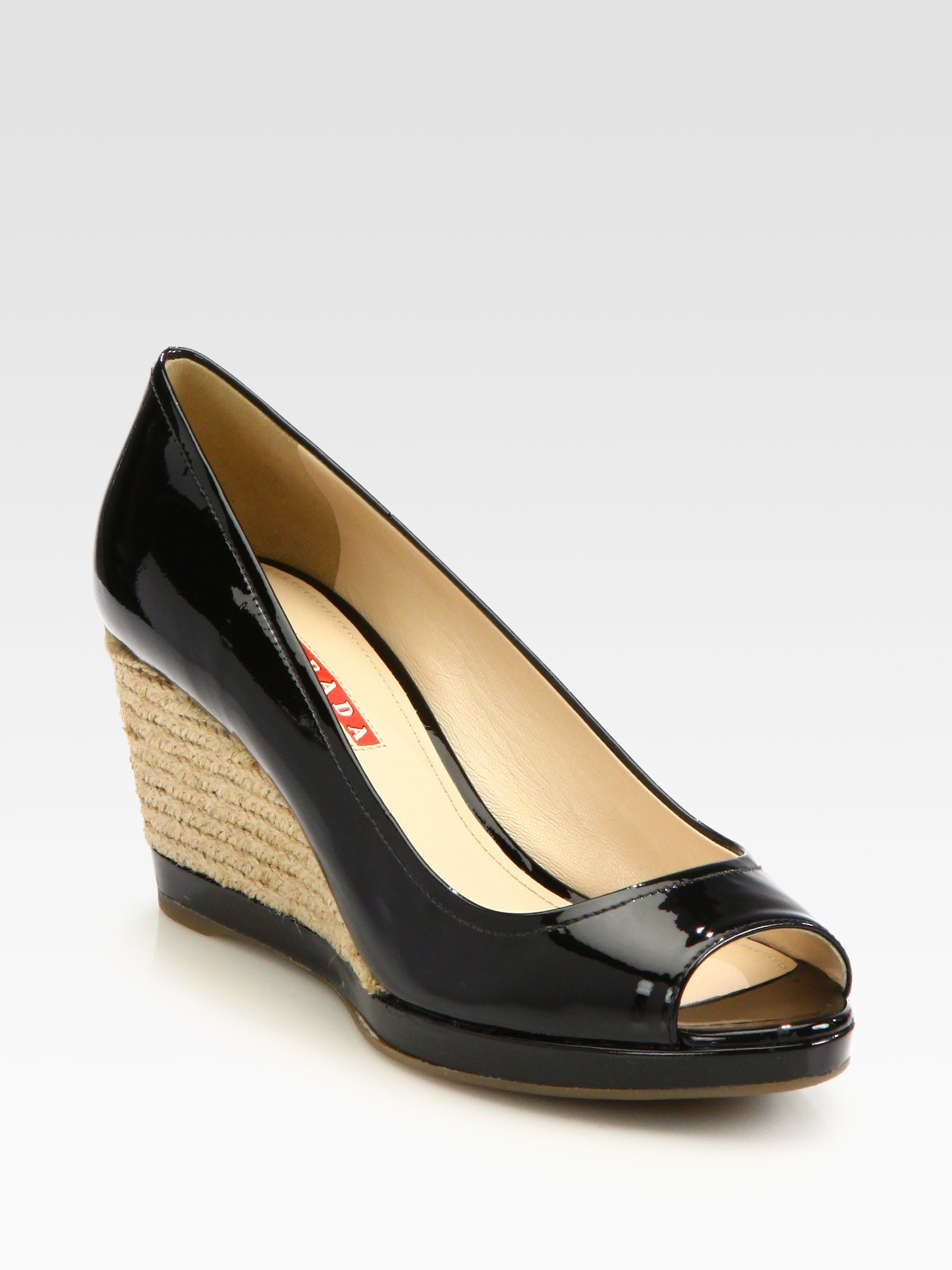 Prada Patent Leather Raffia Wedge Pumps in Black (nero-black) | Lyst  