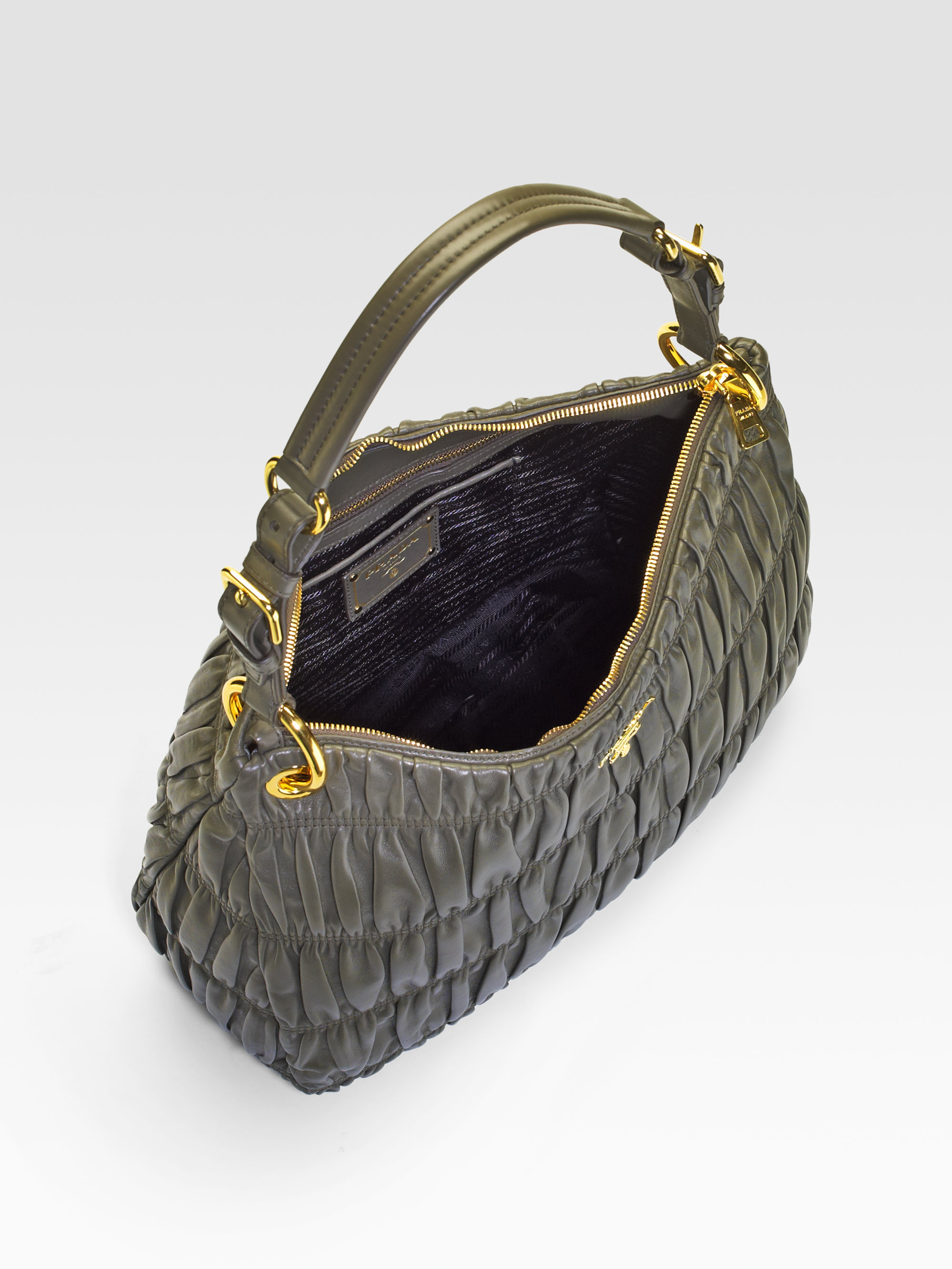 original prada bags online - Prada Nappa Gaufre Zip Hobo Bag in Gray (olive) | Lyst