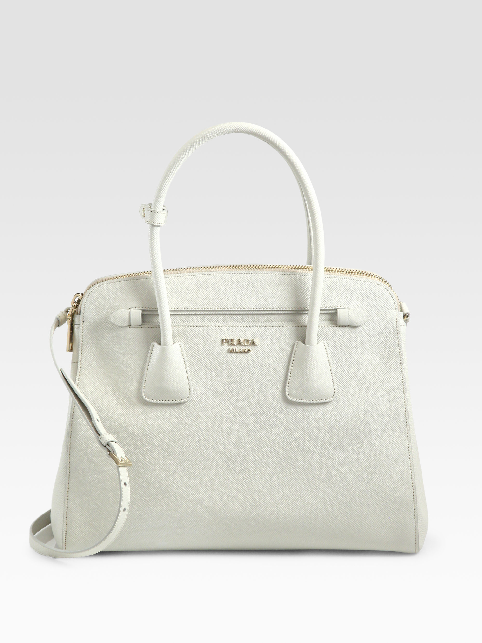 Prada Saffiano Cuir Double Zip Top Handle Bag in White (talco ...