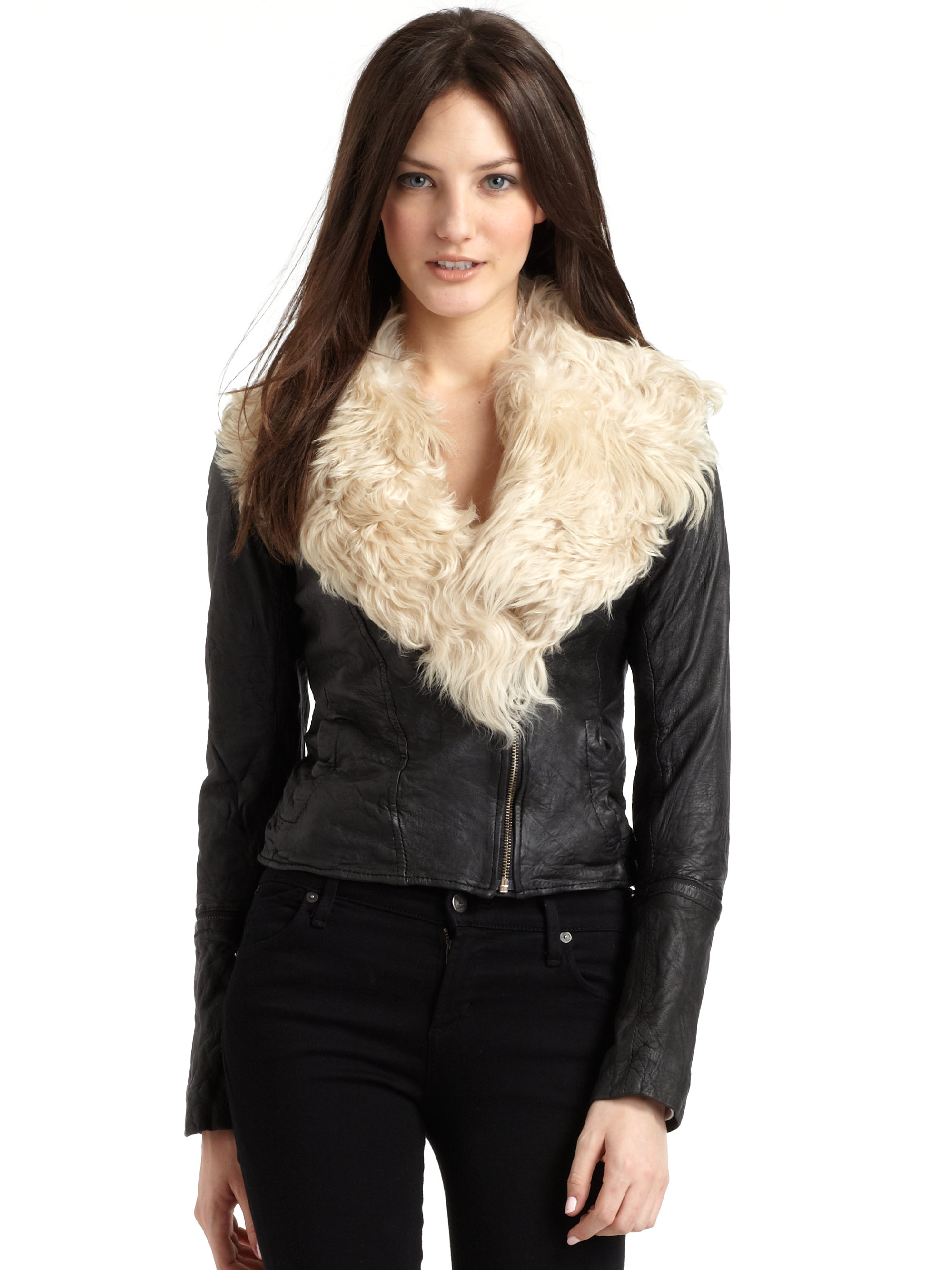 Lyst - Doma Leather Leather Jacket With Goat Fur Collar in Black