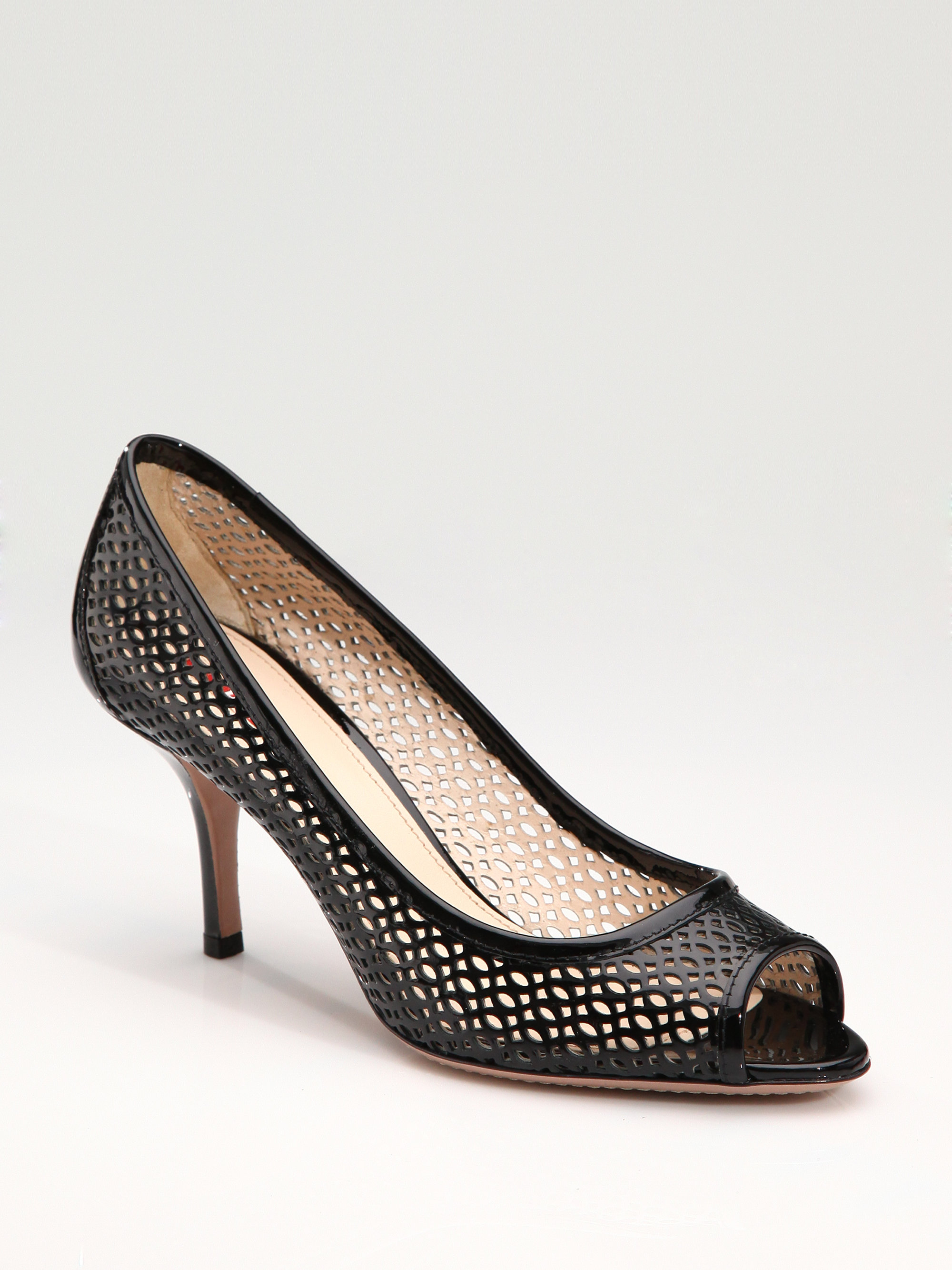 Prada Laser Cut Patent Leather Peeptoe Pumps in Gray (black) | Lyst  