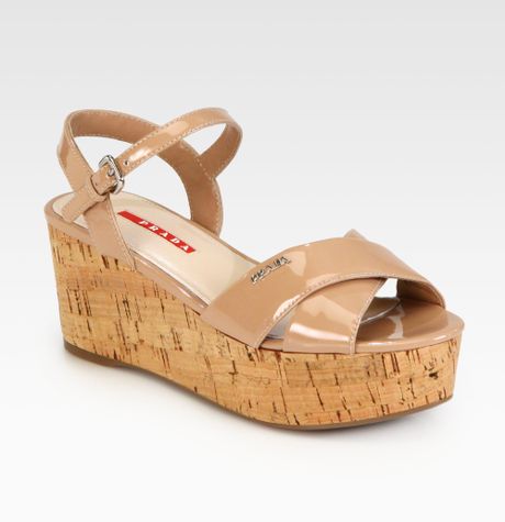 Prada Patent Leather Cork Wedge Sandals in Beige (nudo-nude) | Lyst