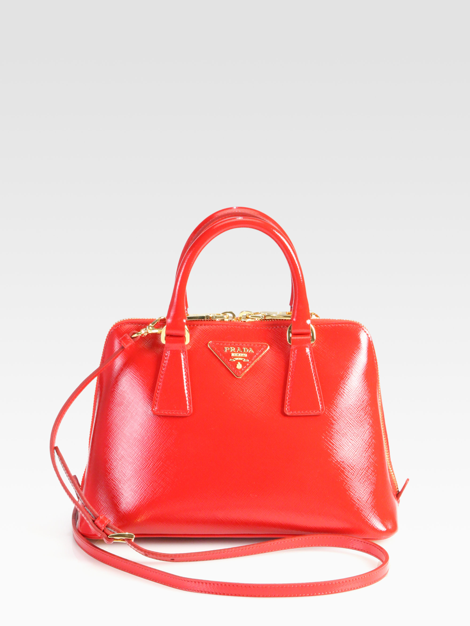 Prada Saffiano Vernice Small Round Tophandle Bag in Red | Lyst