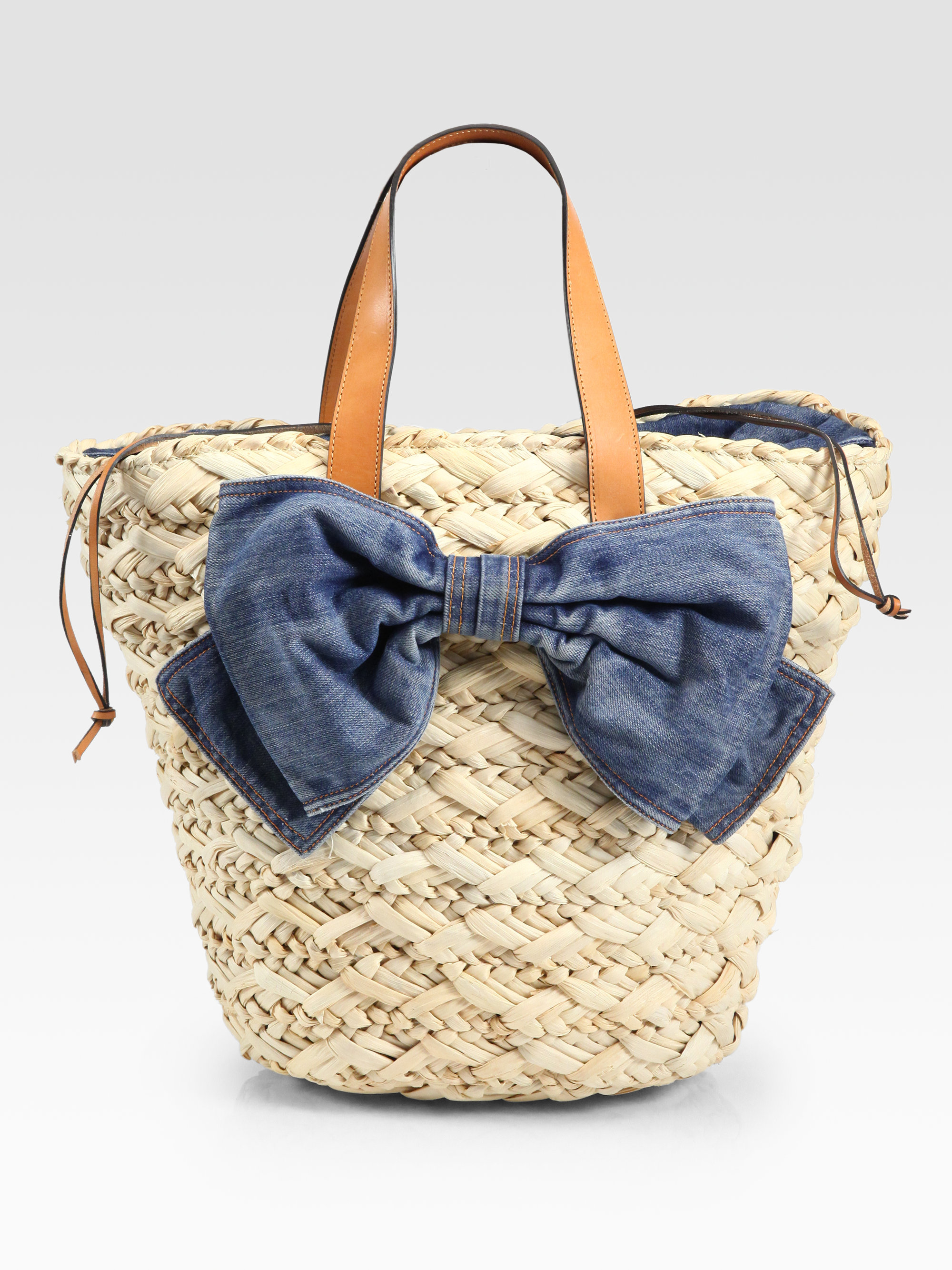 Red valentino Straw Denim Bucket Bag in Natural Lyst