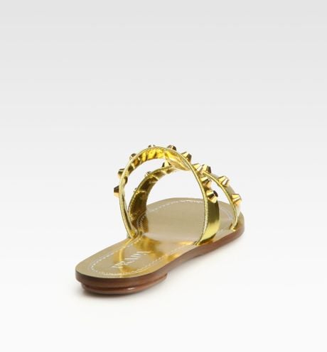 Prada Studded Metallic Leather Sandals in Gold (oro-gold) | Lyst