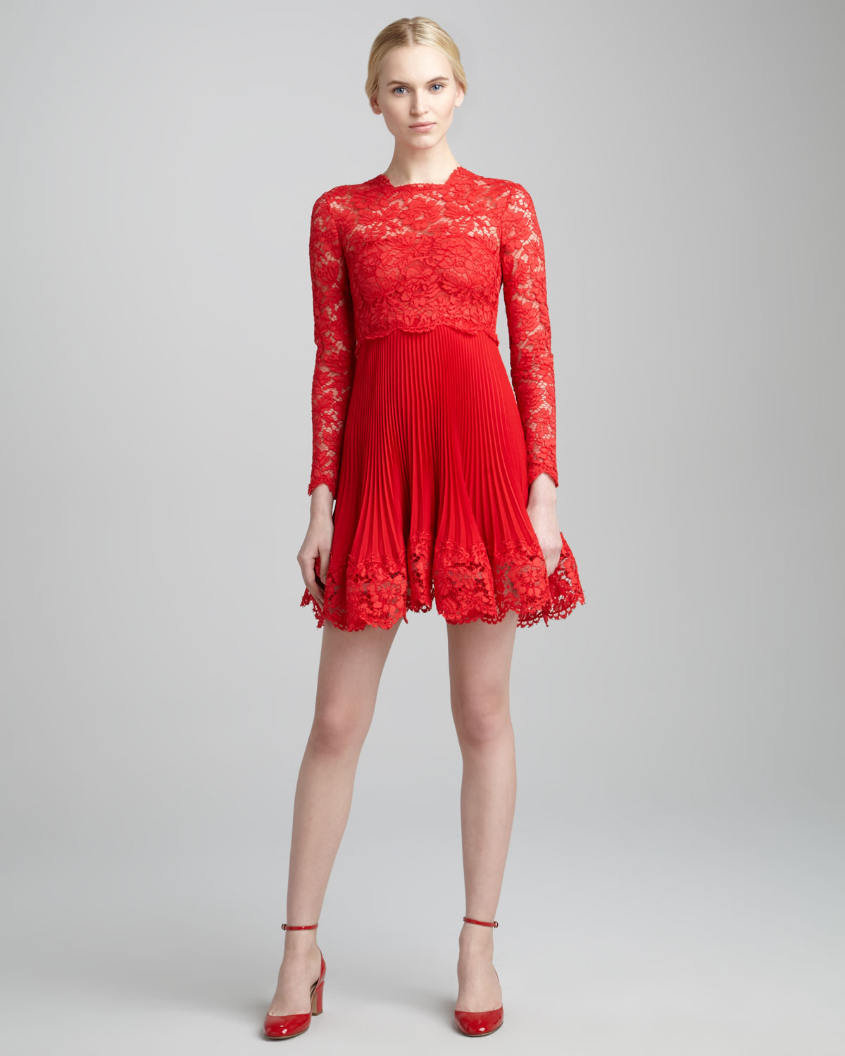 Lyst - Valentino Long Sleeve Lace Plisse Dress in Red