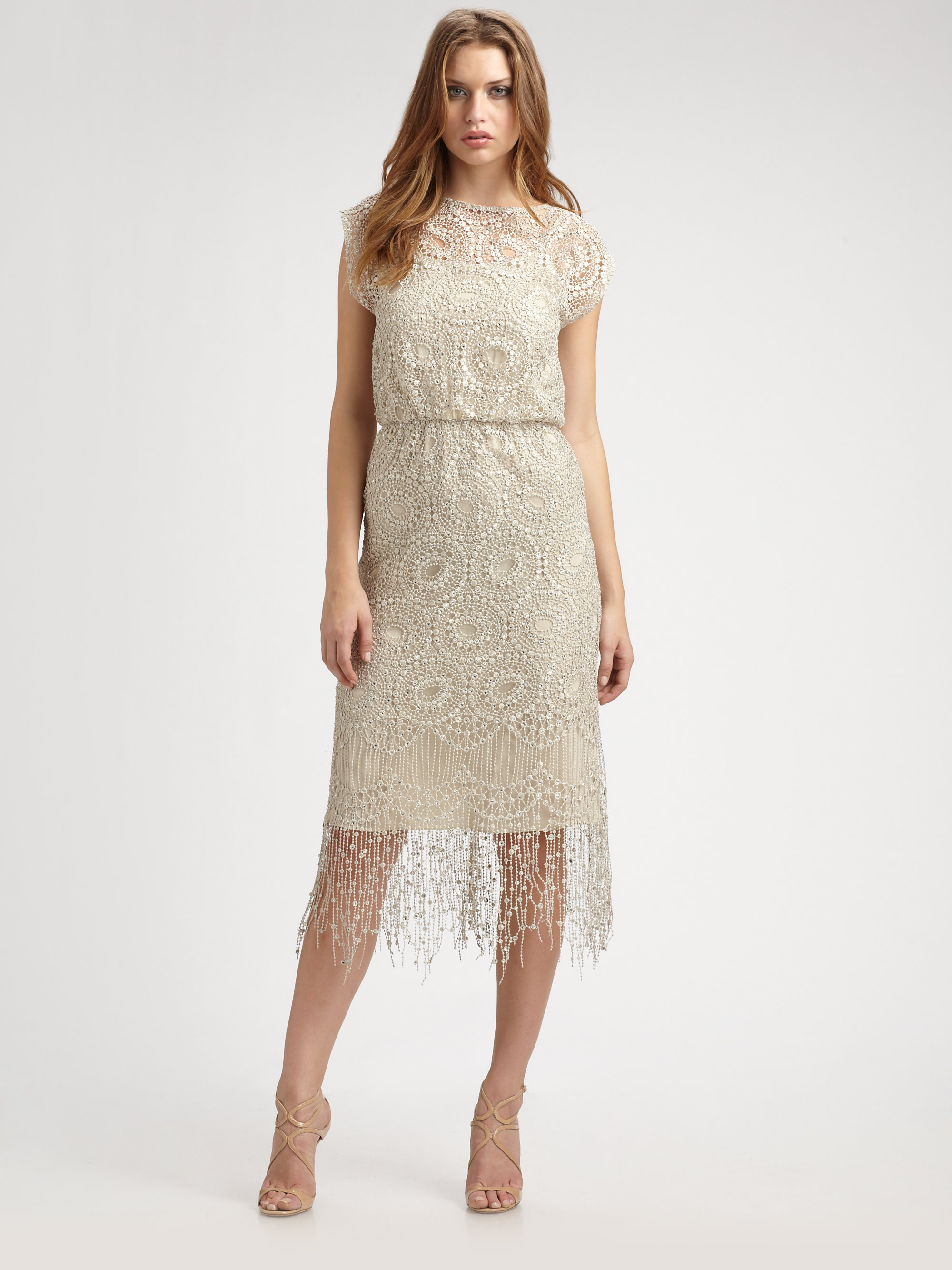 Lyst Alice Olivia Crocheted And Fringed Dress In Gray Gallery