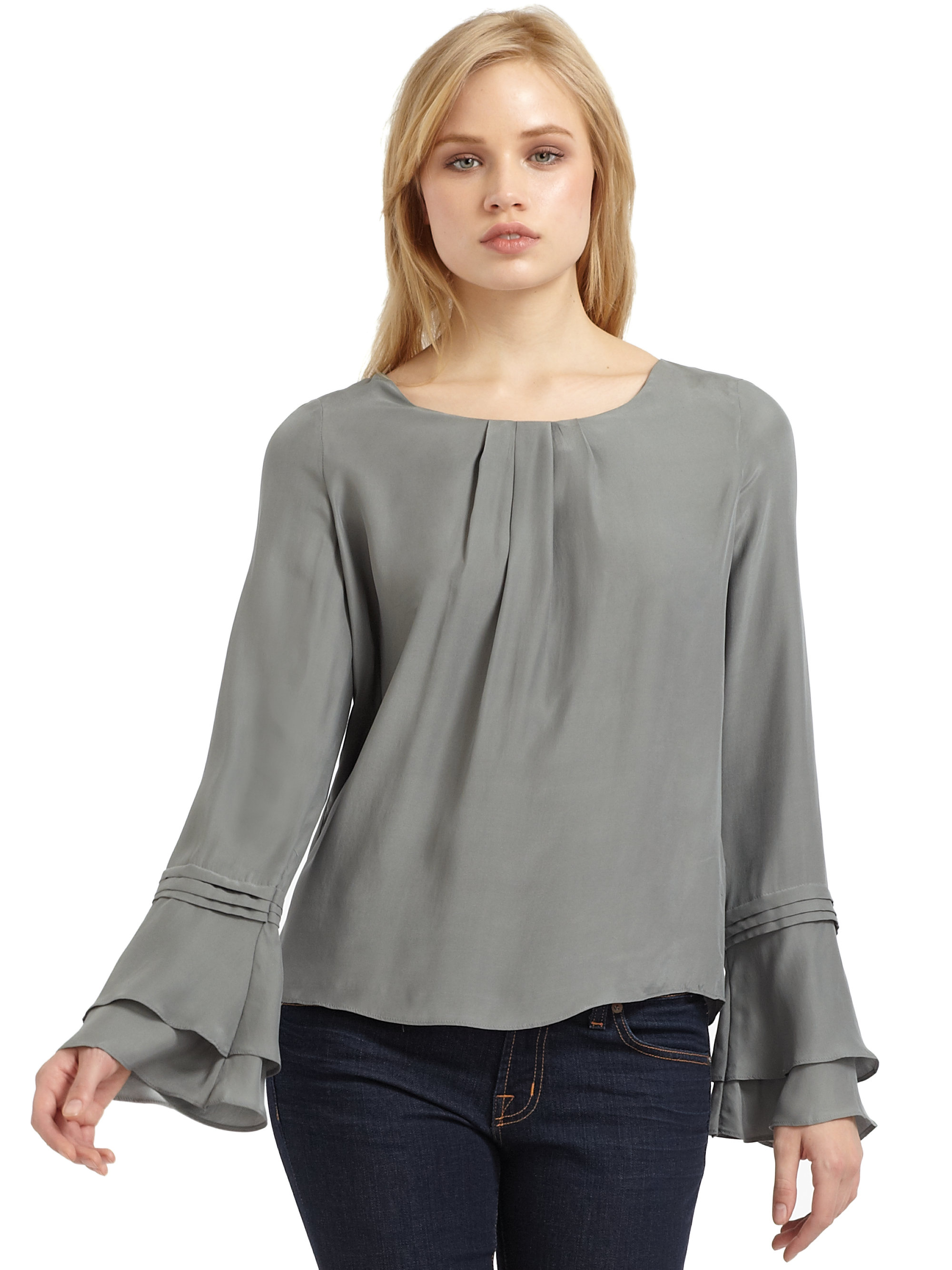 Addison Tiered Silk Blouse in Gray | Lyst