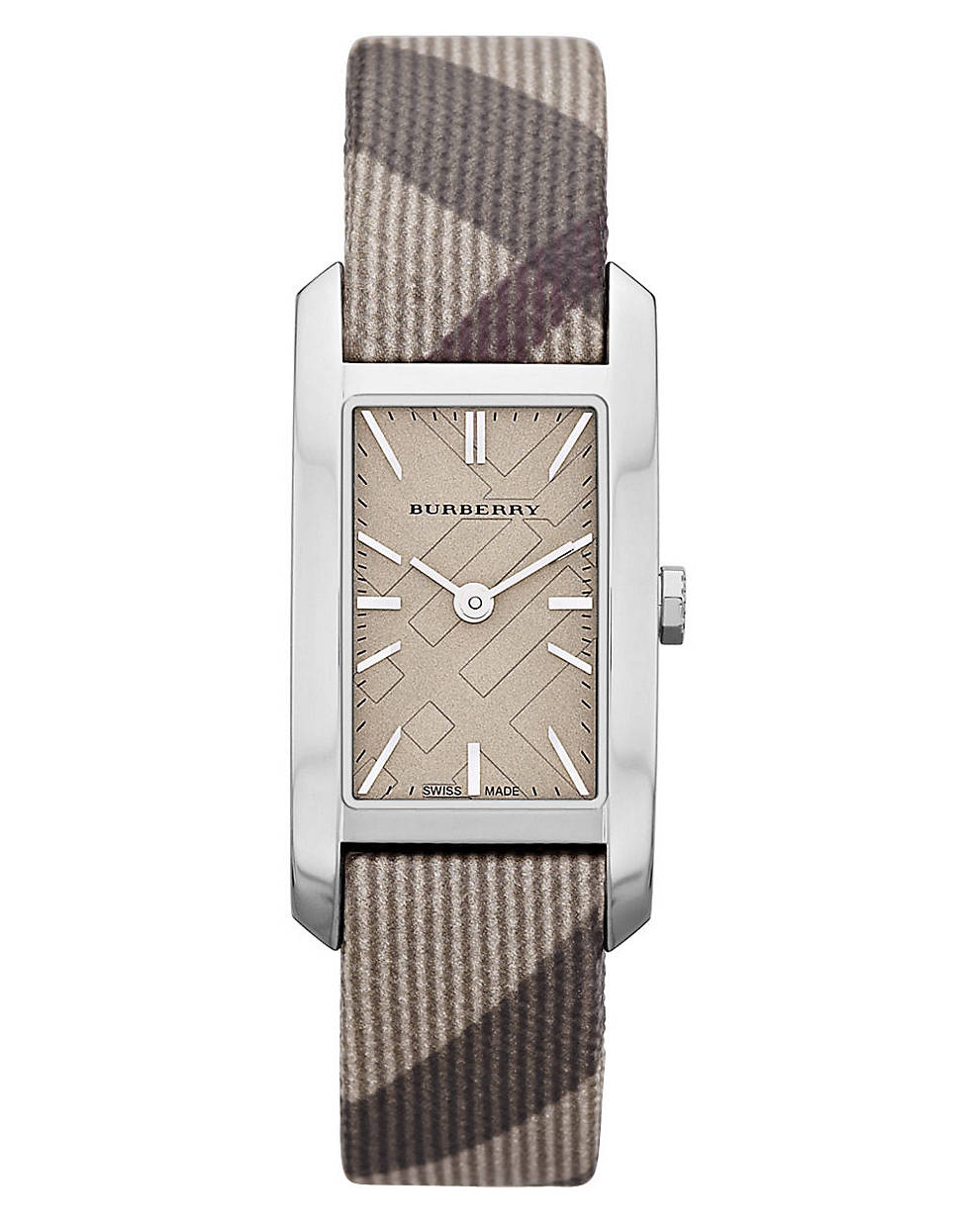 Burberry Ladies Rectangle Watch with Smoke Check Leather Strap in Brown ...