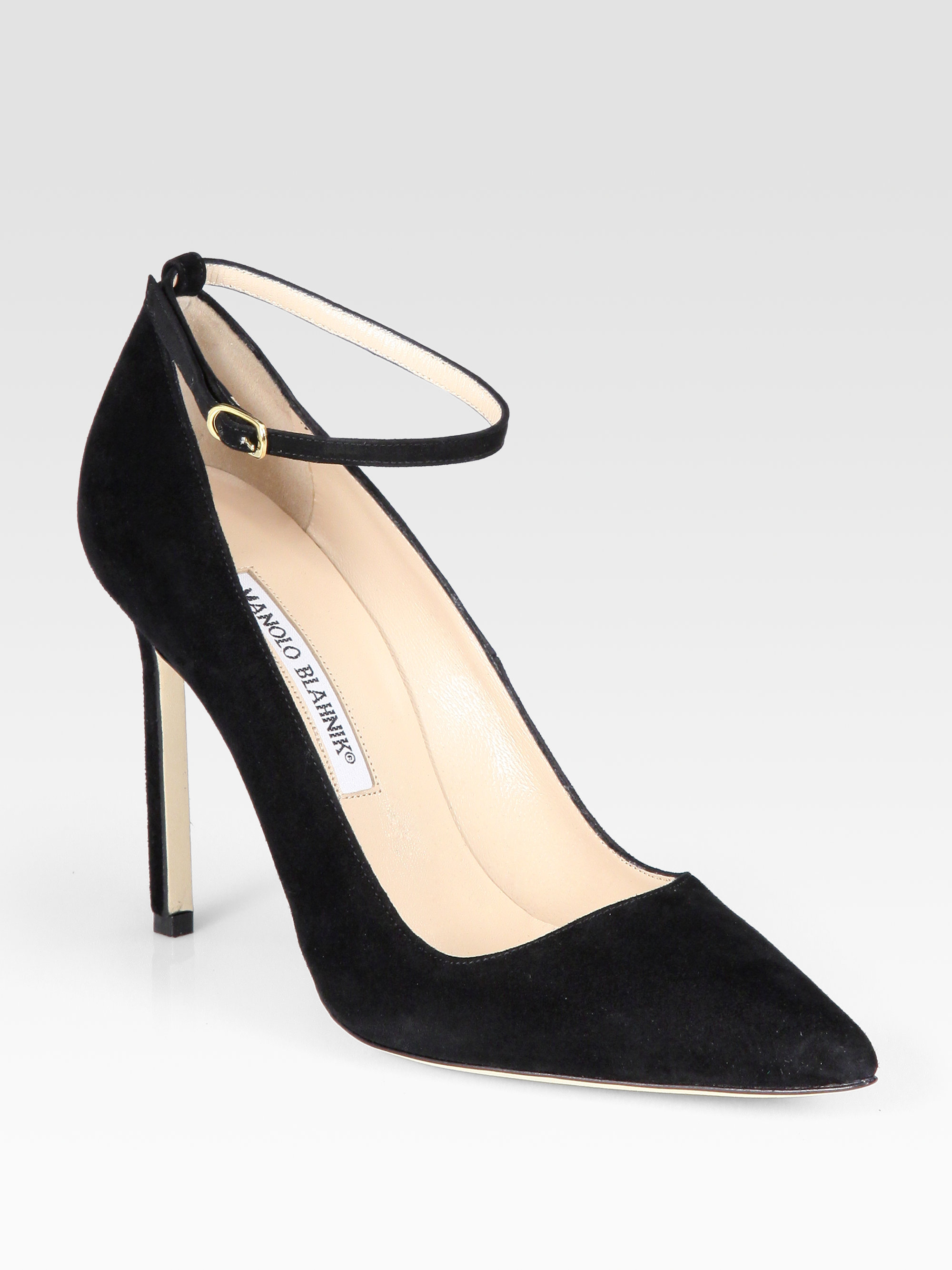 black leather pumps with ankle strap
