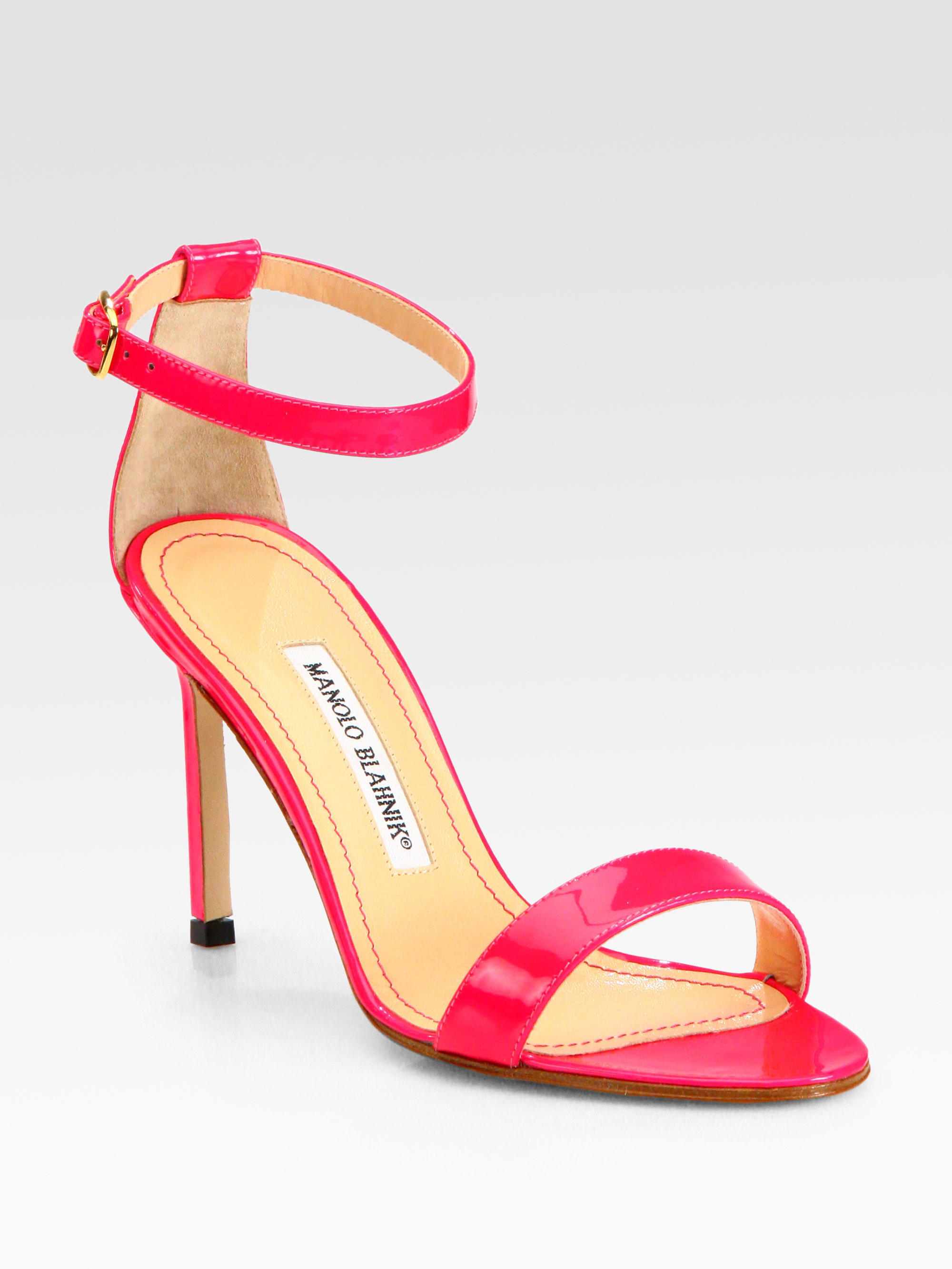 Manolo Blahnik Chaos Patent Leather Ankle Strap Sandals in Pink | Lyst