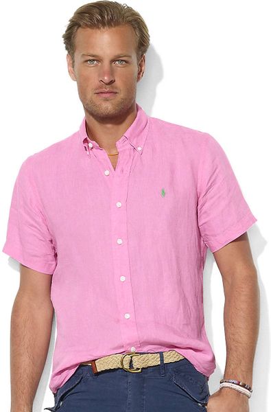 Polo Ralph Lauren Customfit Shortsleeved Linen Shirt in Pink for Men | Lyst