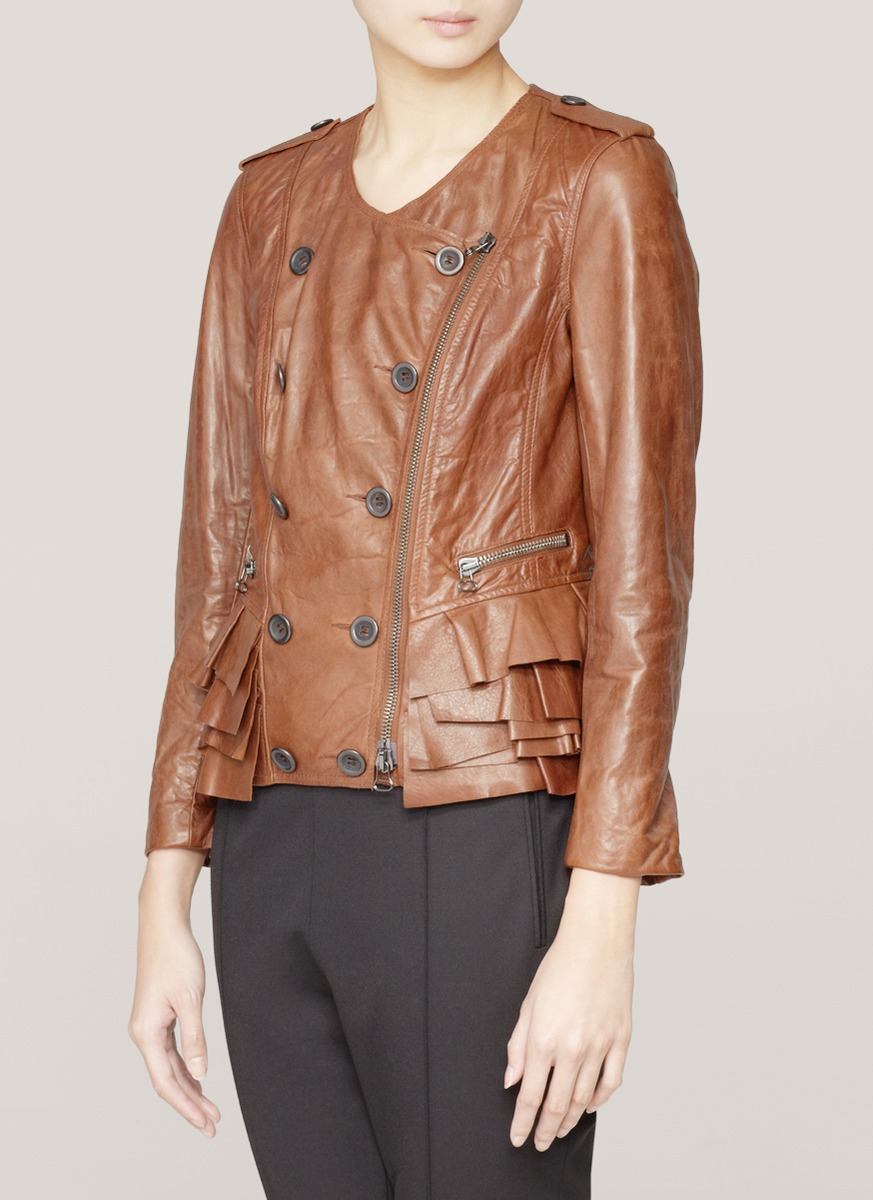 3.1 Phillip Lim Ruffled hem Leather Jacket in Brown (Neutral and Brown ...