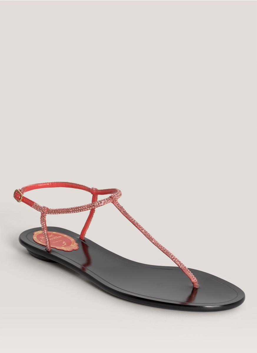 Rene caovilla Crystal T-strap Flat Sandals in Pink | Lyst