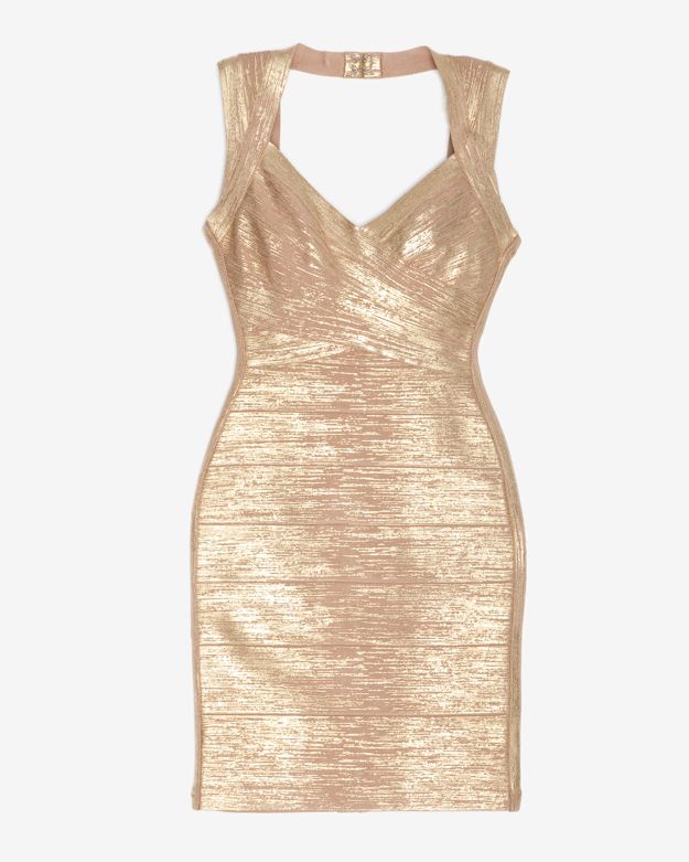 Hervé léger Gold Foil Thick Strap Bandage Dress in Metallic | Lyst