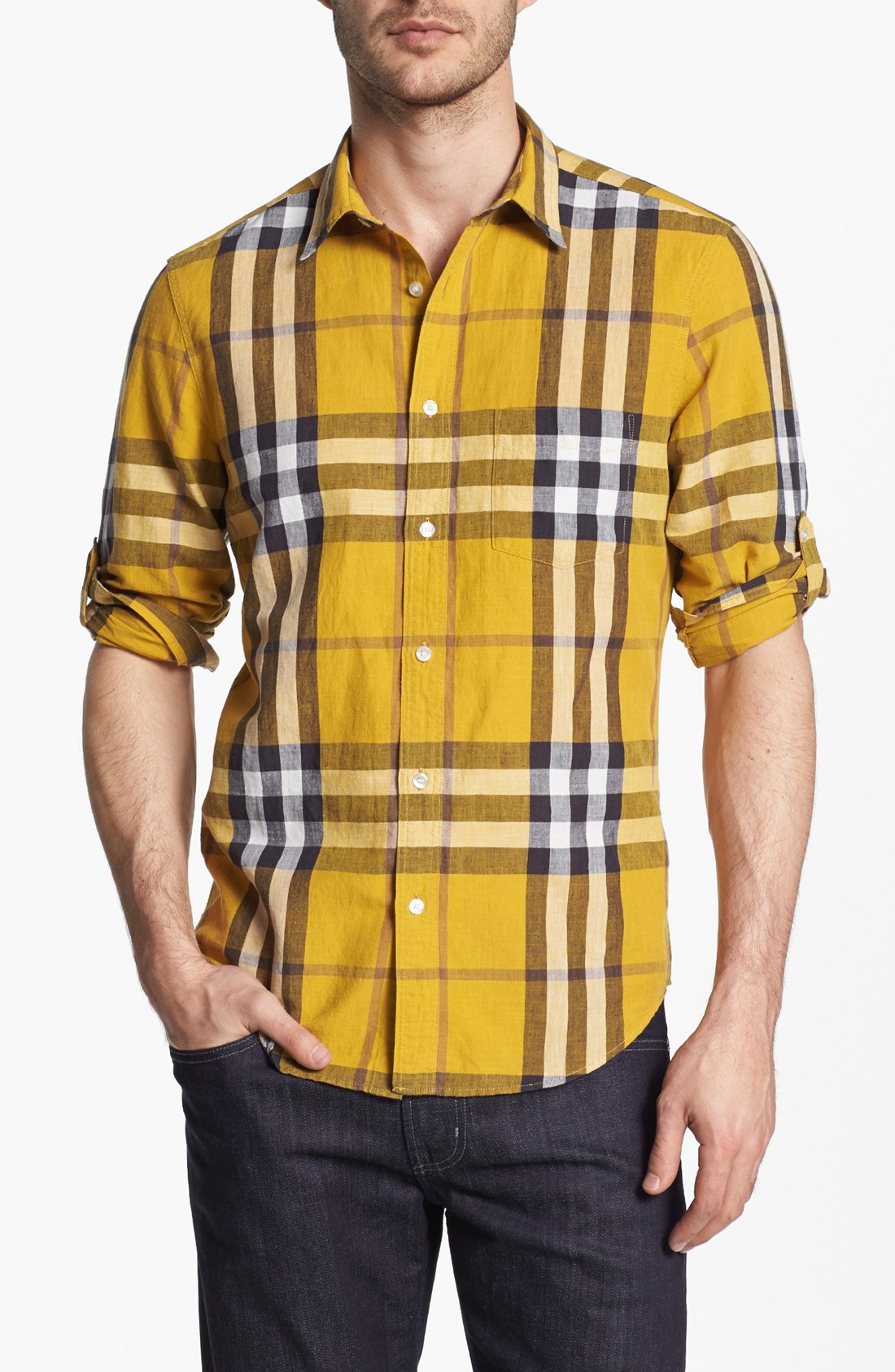 Burberry Brit Adken Check Linen Blend Sport Shirt in Yellow for Men ...