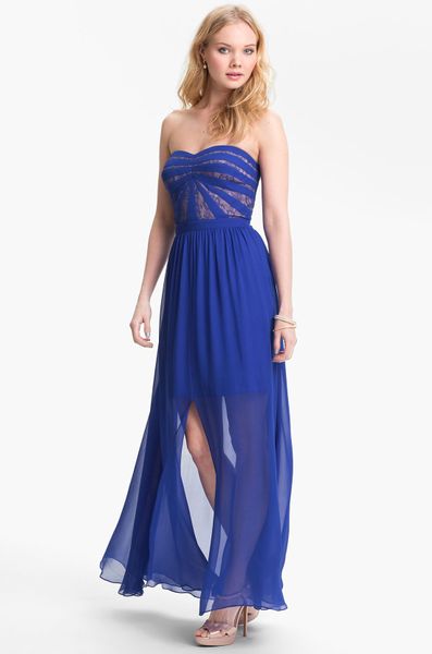 Aidan Mattox Strapless Lace Chiffon Dress in Blue (neptune) | Lyst