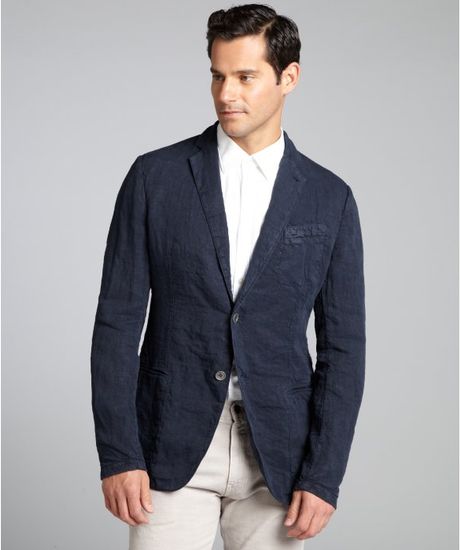 Armani Navy Crinkle Linen Two-Button Blazer in Blue for Men (navy) | Lyst