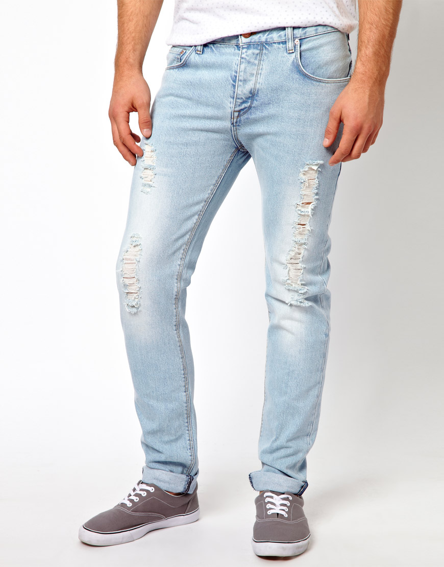 Asos Slim Bleach Ripped Jean in Blue for Men | Lyst